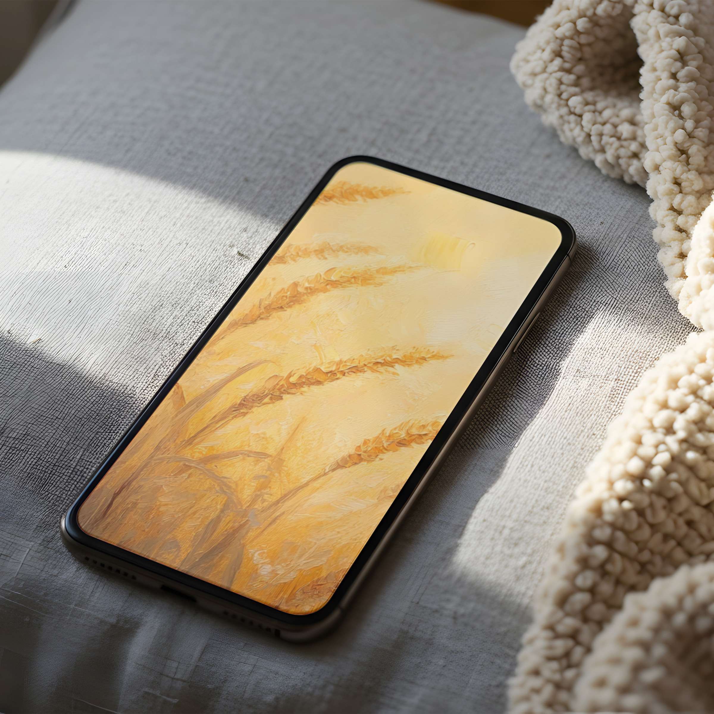 Elegant wheat field phone wallpaper evokes warmth and tranquility, ideal for iPhone and Android high-resolution digital download