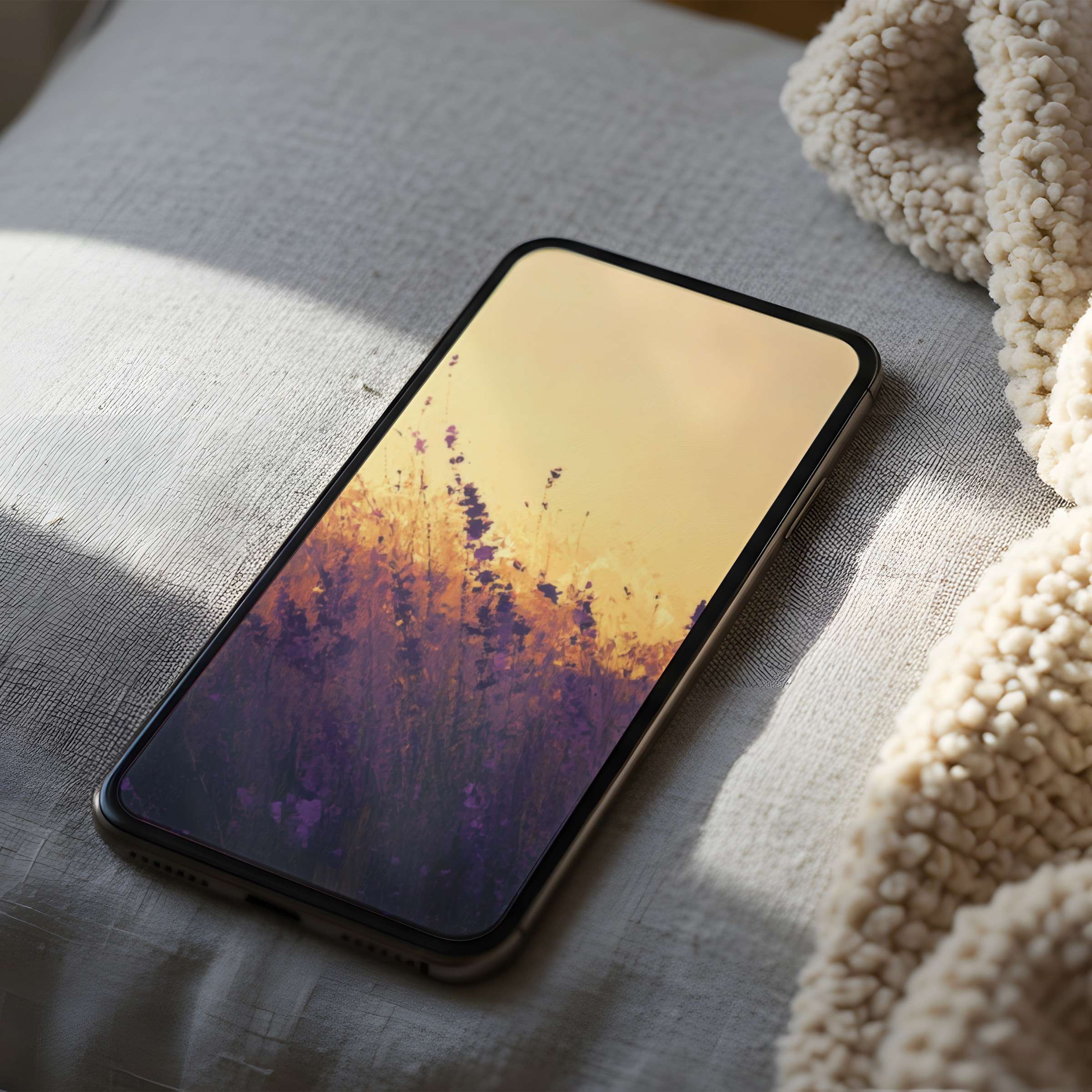 Serene lavender field phone wallpaper with warm tones and high resolution, perfect for iPhone and Android, enhancing digital calm