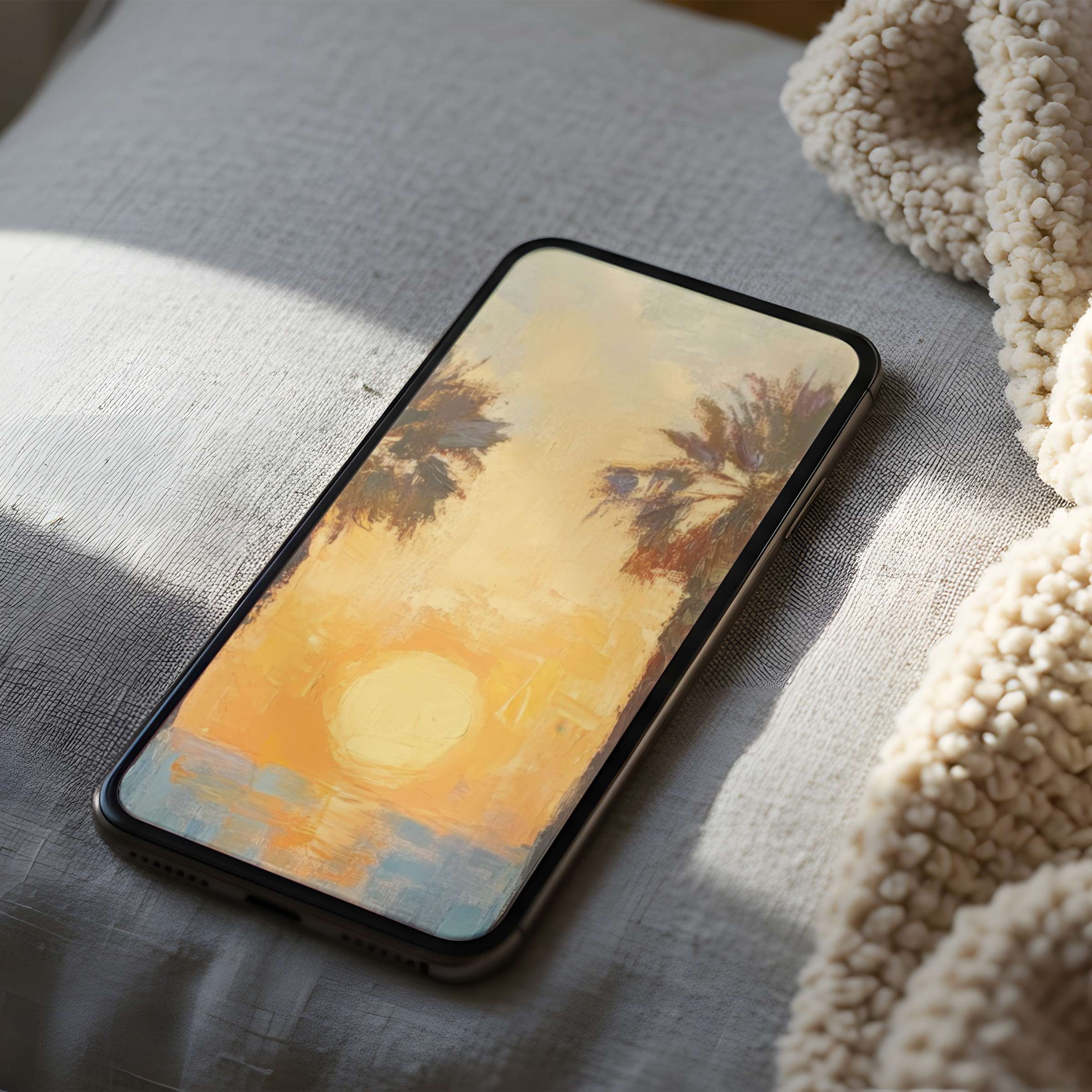 Serene sunset phone wallpaper with palm trees in soft hues fits iPhone and Android for a high resolution tranquil touch
