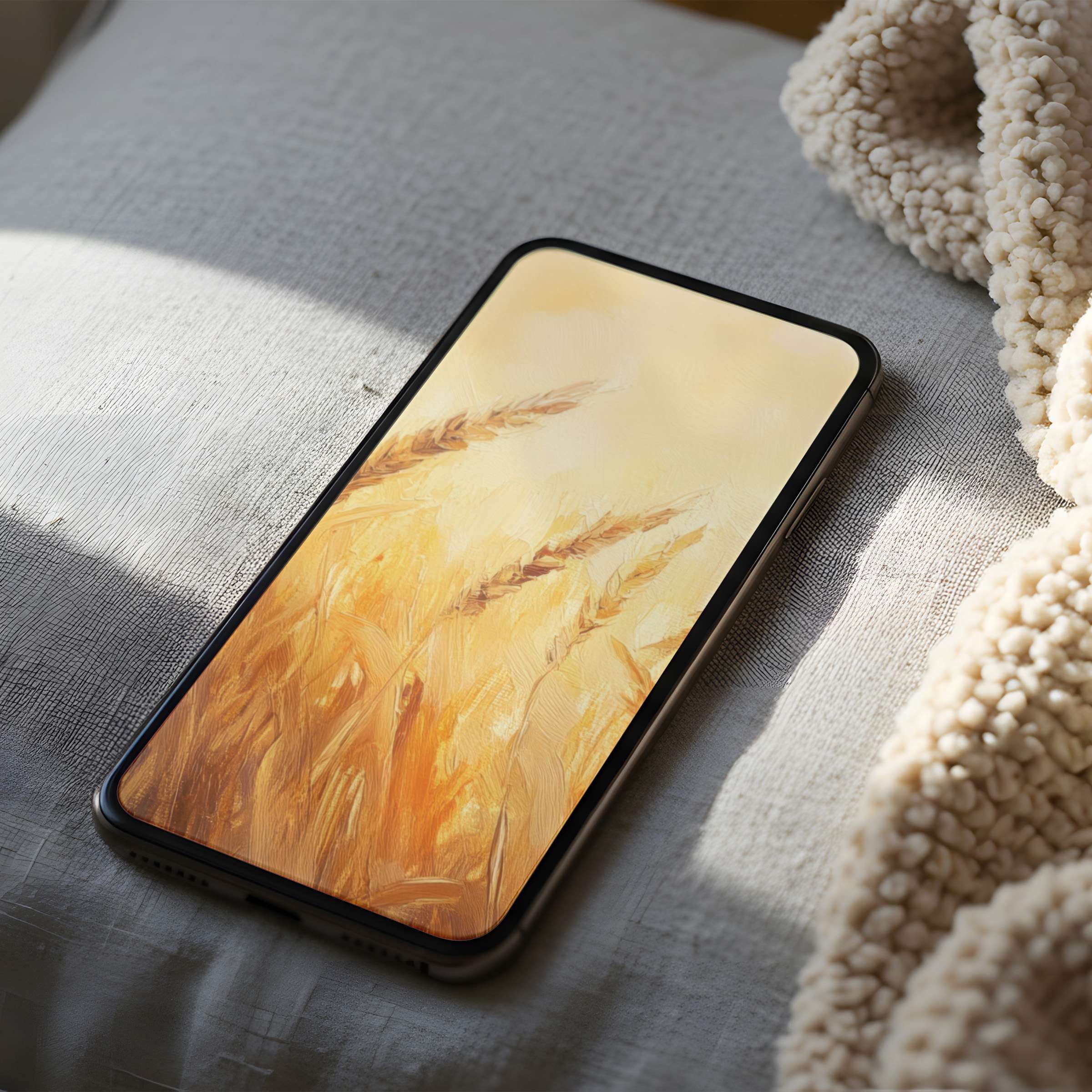 Serene wheat field phone wallpaper in warm golden hues, perfect for iPhone or Android; high resolution digital download for calming elegance