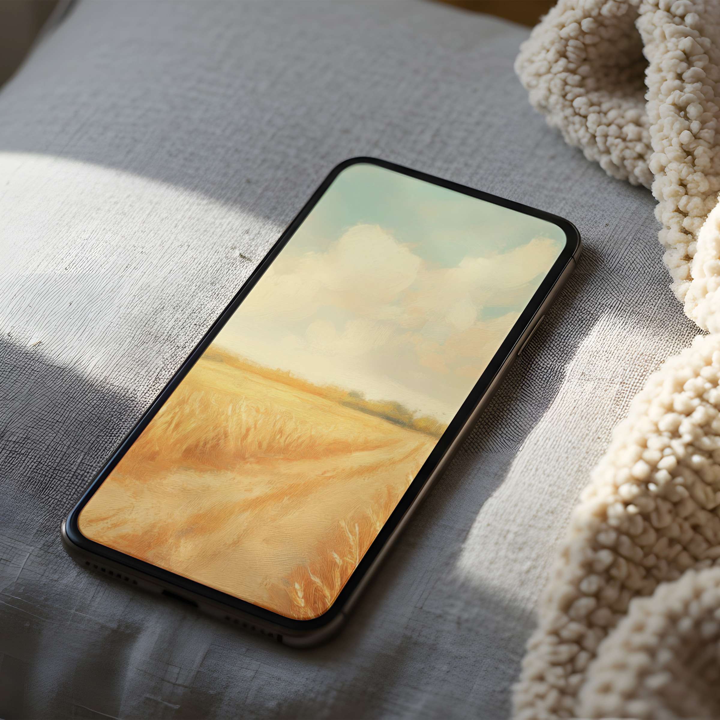 Luxurious phone wallpaper featuring serene golden fields under a soft sky perfect for iPhone and android high resolution digital download