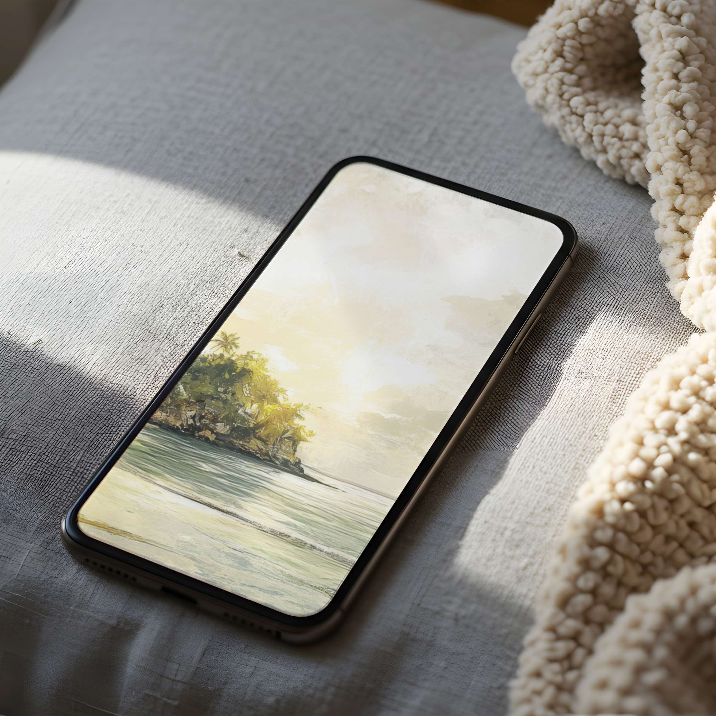 Serene phone wallpaper featuring a tranquil coastal scene in soft yellows and greens, perfect as a high-resolution digital download for iPhone