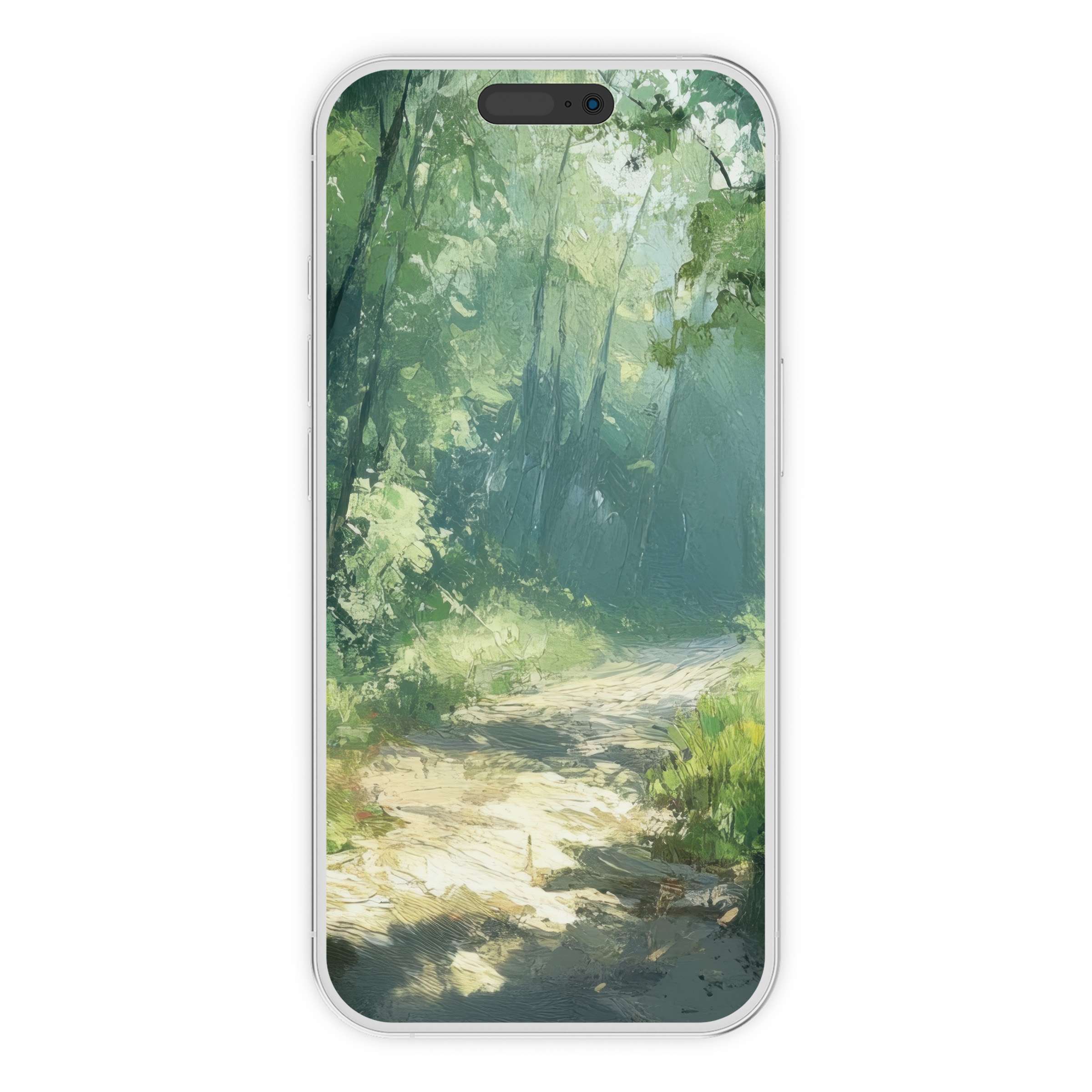 Summer iPhone wallpaper featuring a serene forest path, offering a calming background for your phone as a digital download