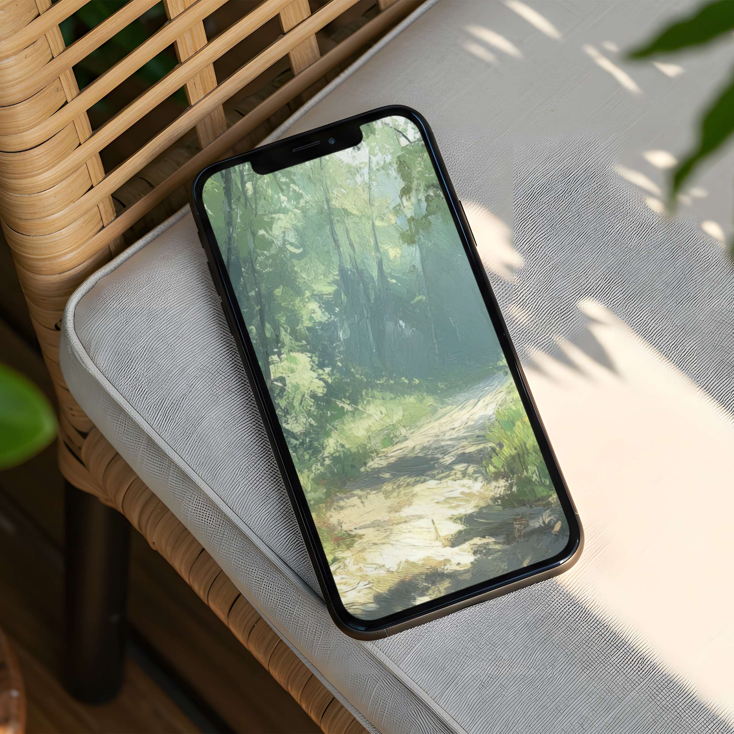 Serene forest scene iPhone background evokes calm and mindfulness, perfect for phone users seeking instant download elegance