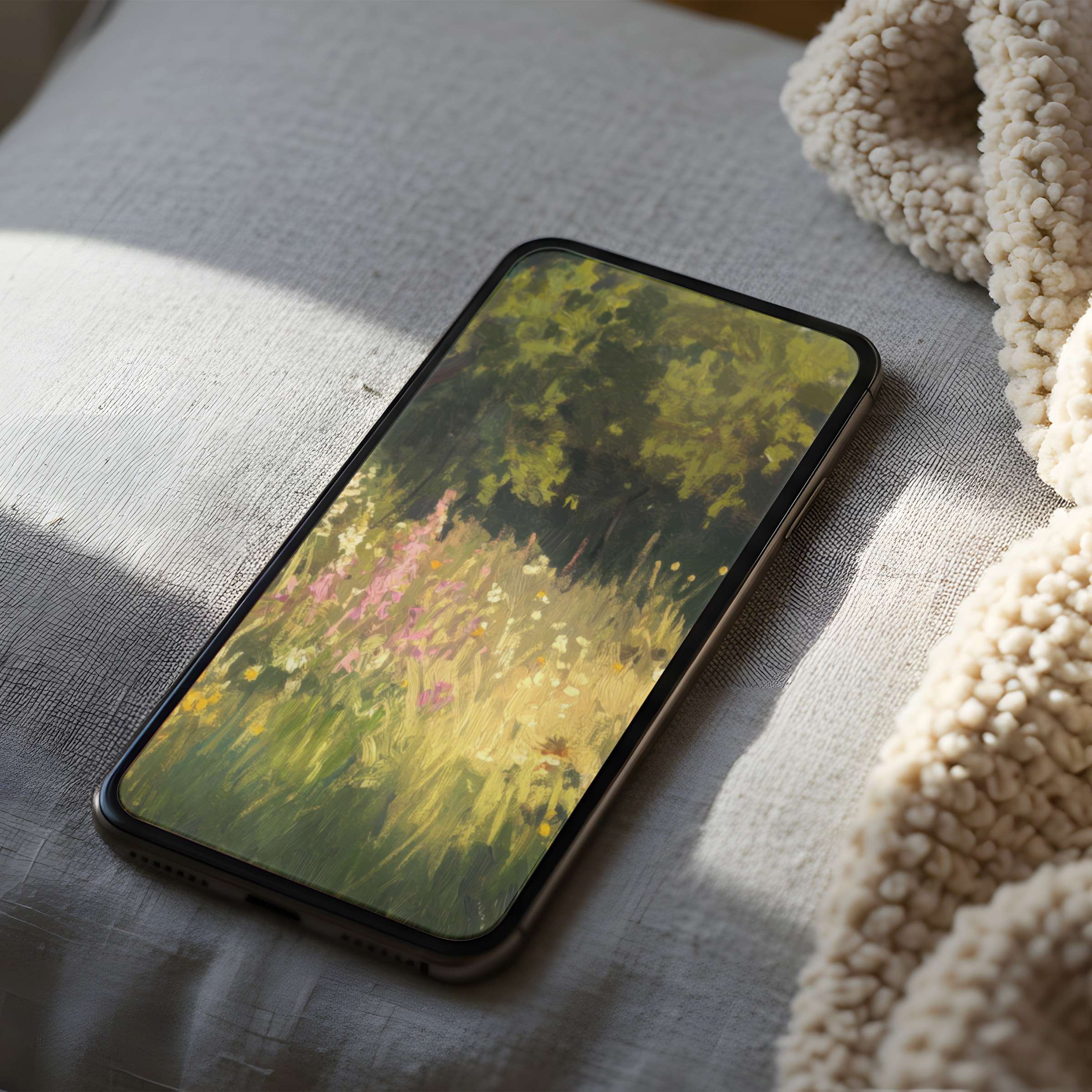 Luxurious phone wallpaper featuring a tranquil meadow in impressionist style, ideal for iPhone or Android high-resolution digital download