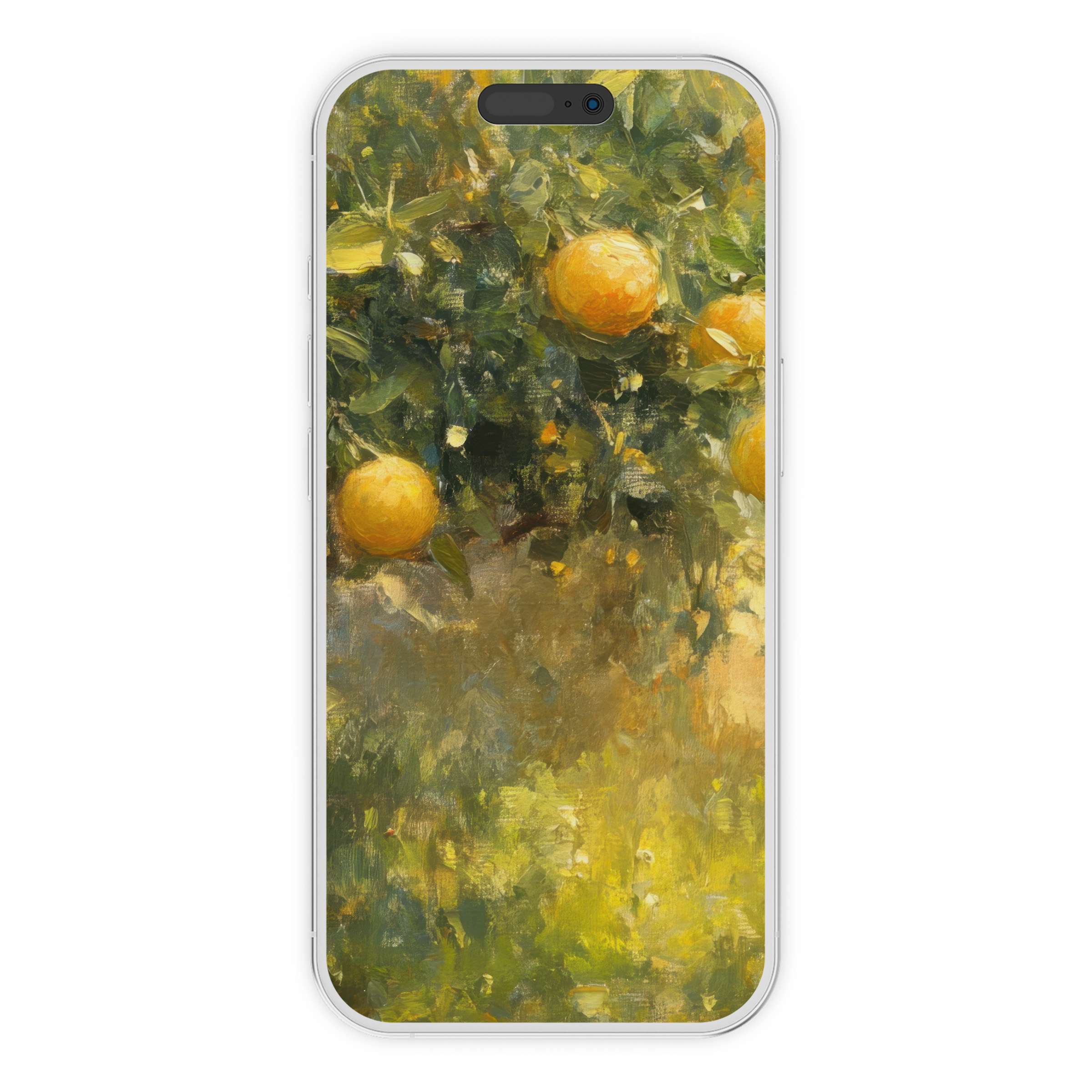 Summer iPhone wallpaper featuring a vibrant orange grove in an impressionist style for a calming phone background digital download