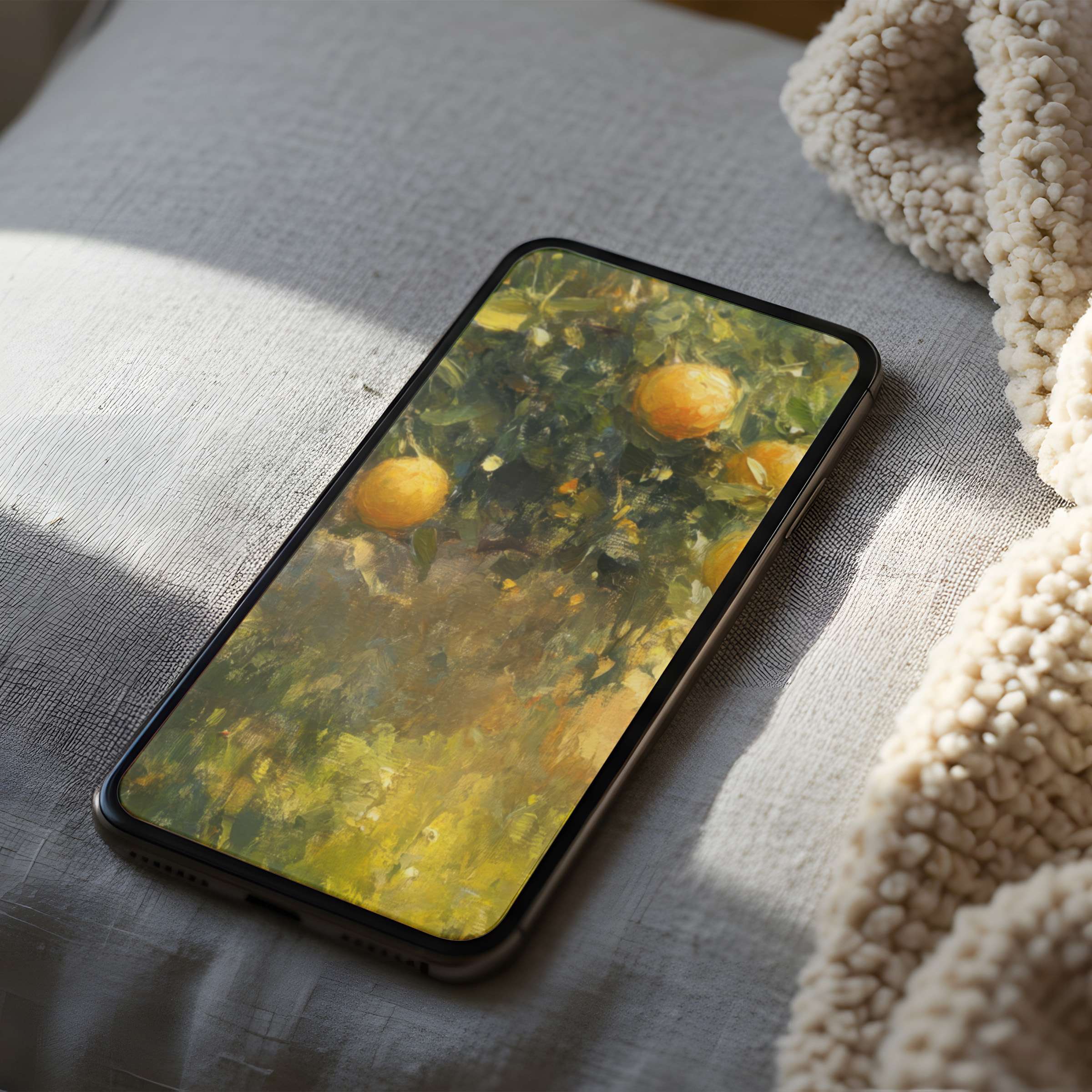 Elegant phone wallpaper featuring an impressionistic lemon grove painting offers a soothing aesthetic for iPhone and android devices