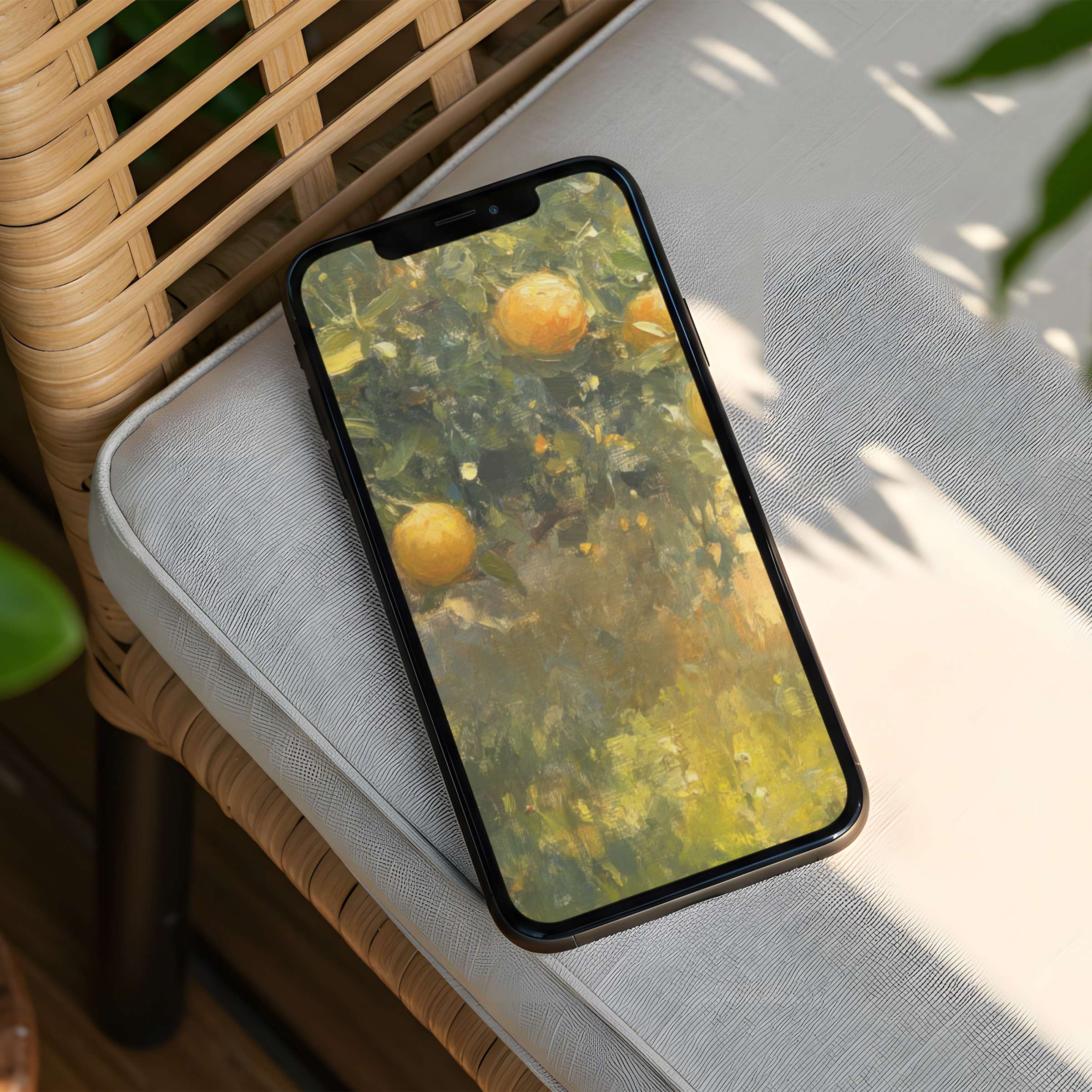 Elegant iPhone background featuring a serene, sunlit painting of oranges ideal for phone screens optimized for instant download