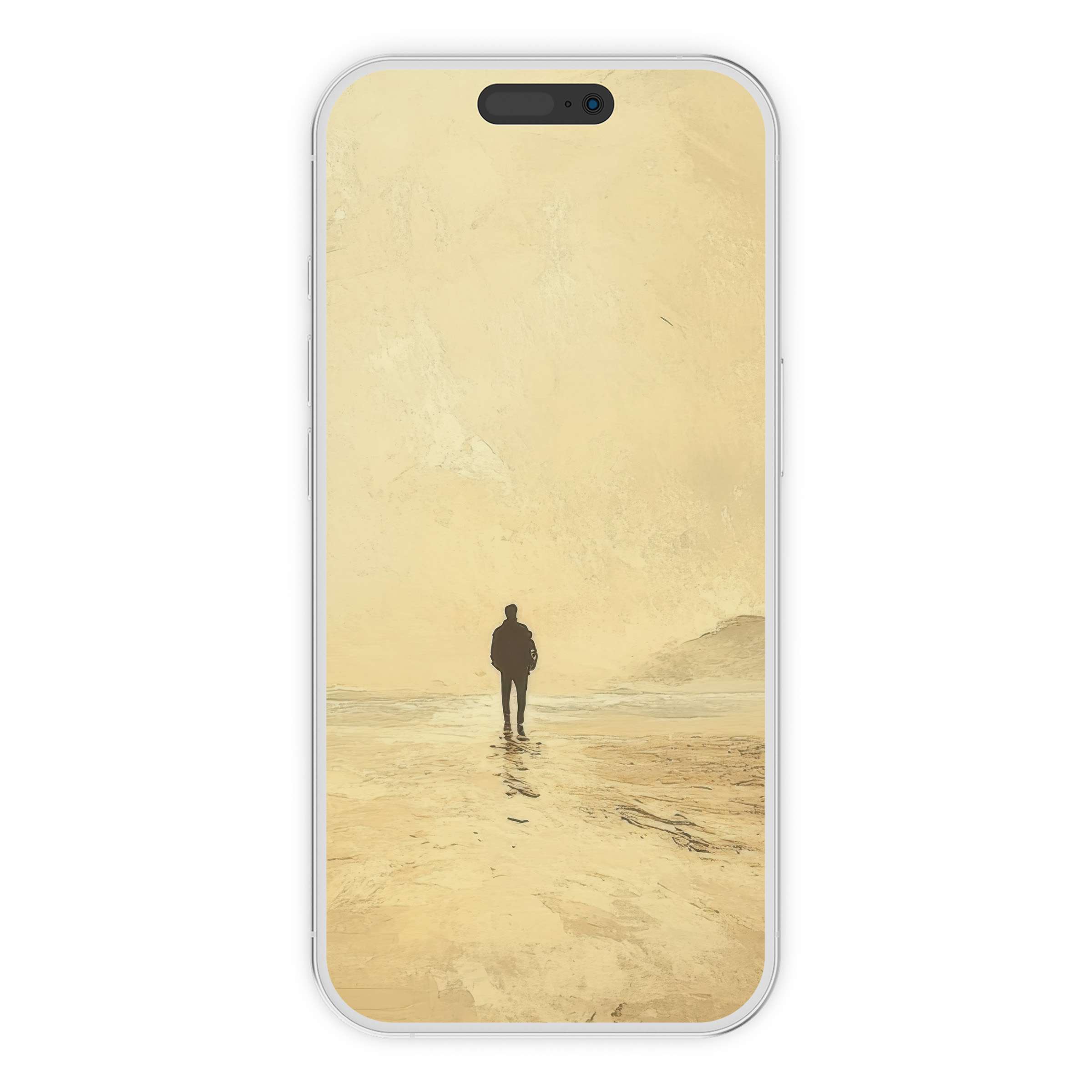 Inspire serenity with this soothing summer iPhone wallpaper featuring a lone figure on a sandy beach phone background digital download
