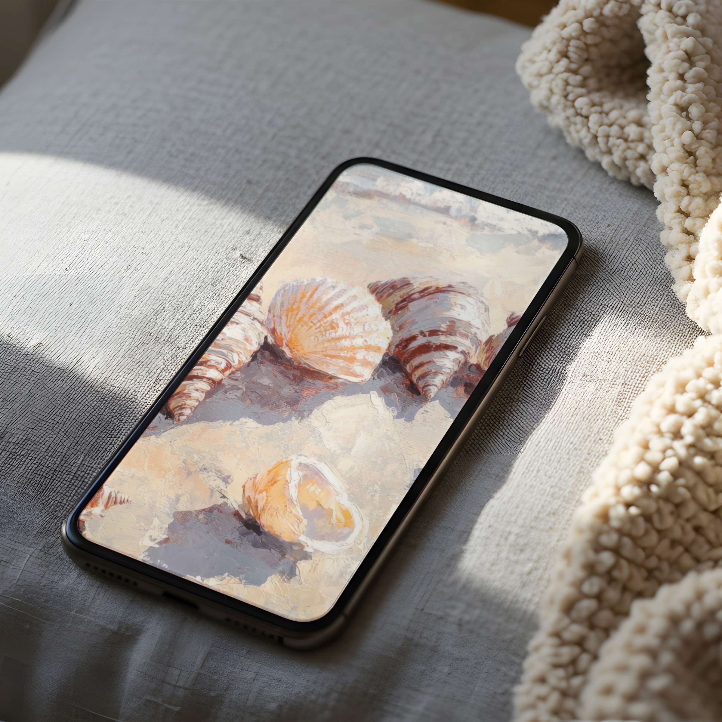Elegant phone wallpaper featuring seashell motif in soft, sandy tones, perfect for iPhone or Android, offering tranquility as a high resolution digital download