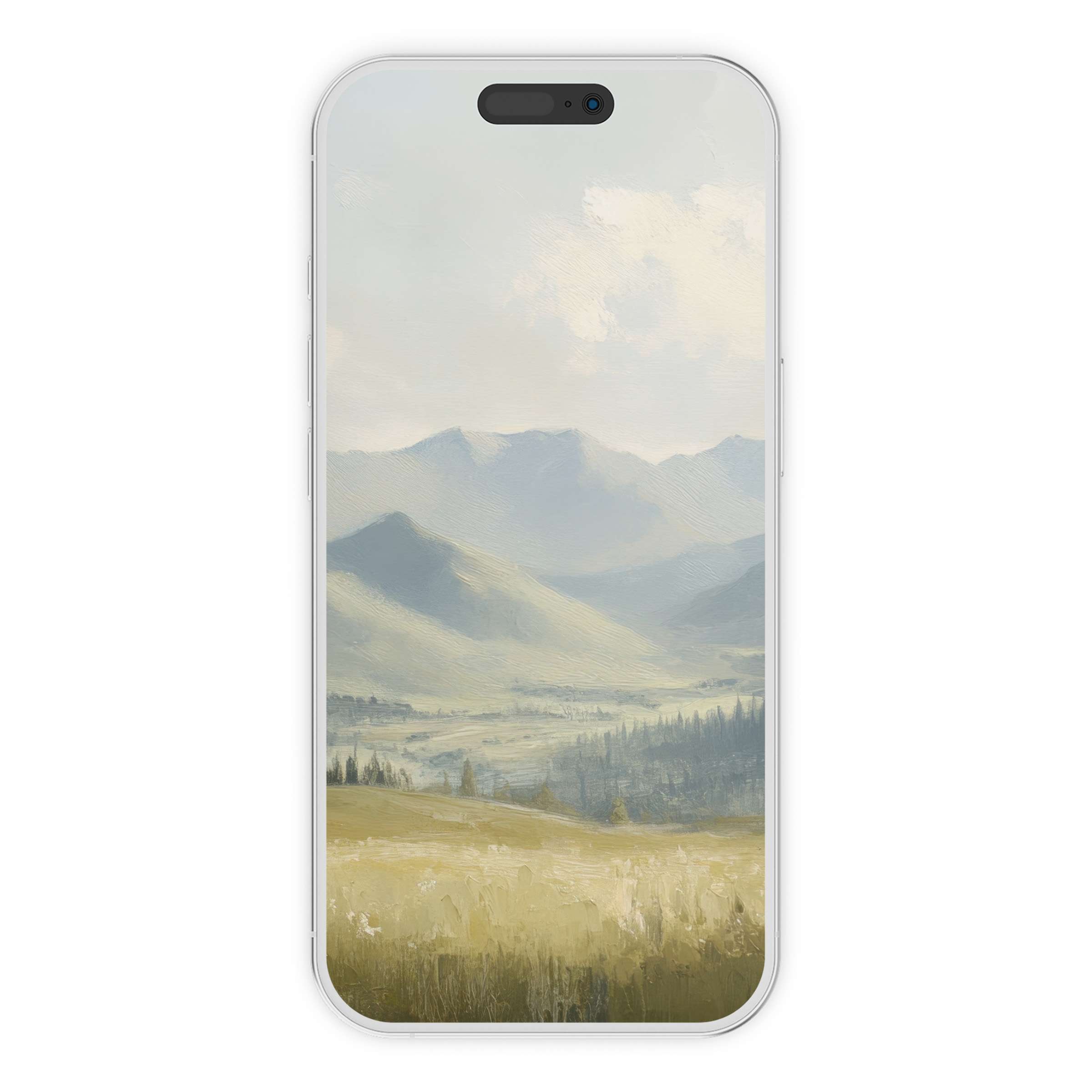 Elegant summer iPhone wallpaper featuring serene mountains in soft hues, perfect for phone background; digital download for a calming feel