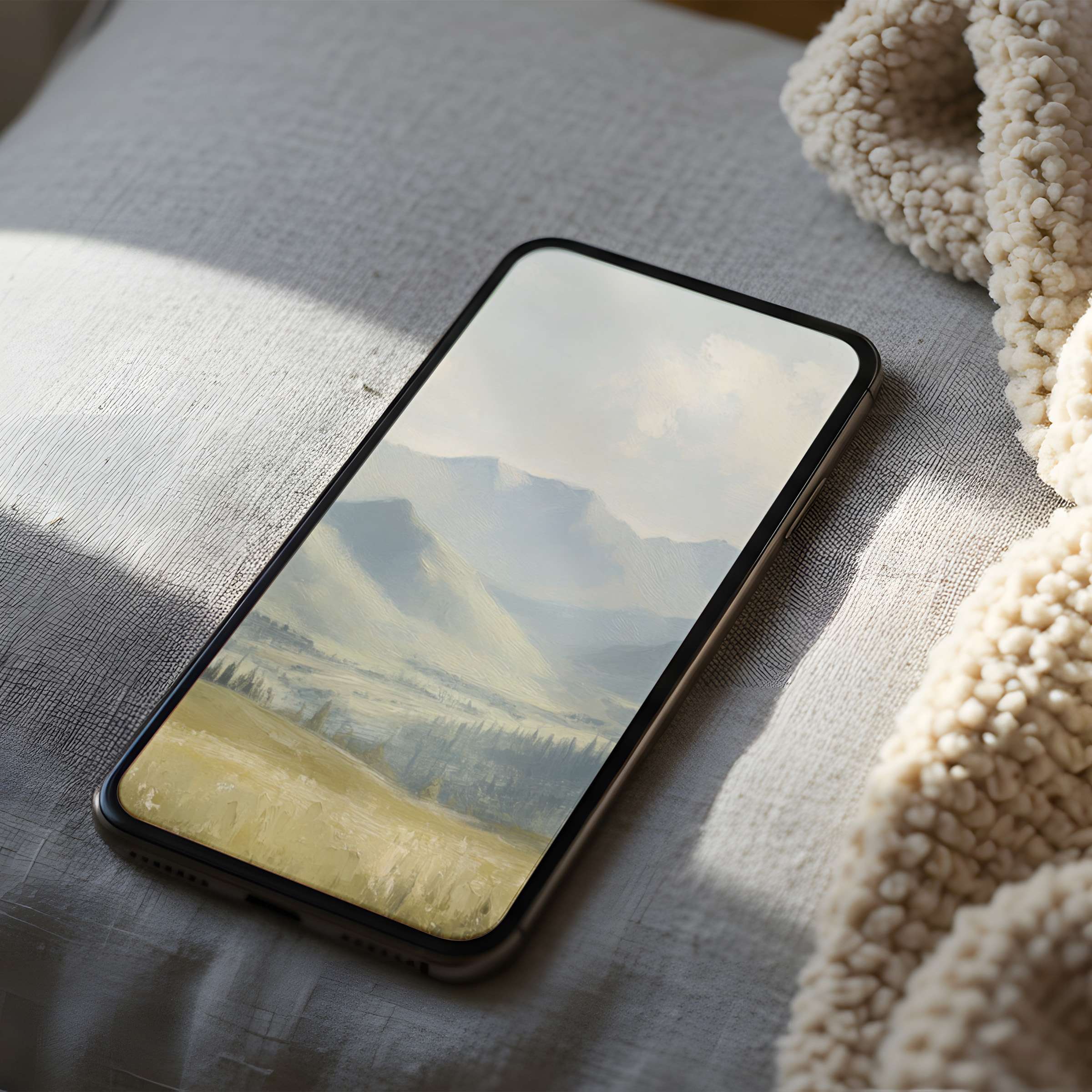 Elegant phone wallpaper featuring serene mountain landscape in soft hues, perfect for iPhone or Android digital download, calm ambiance