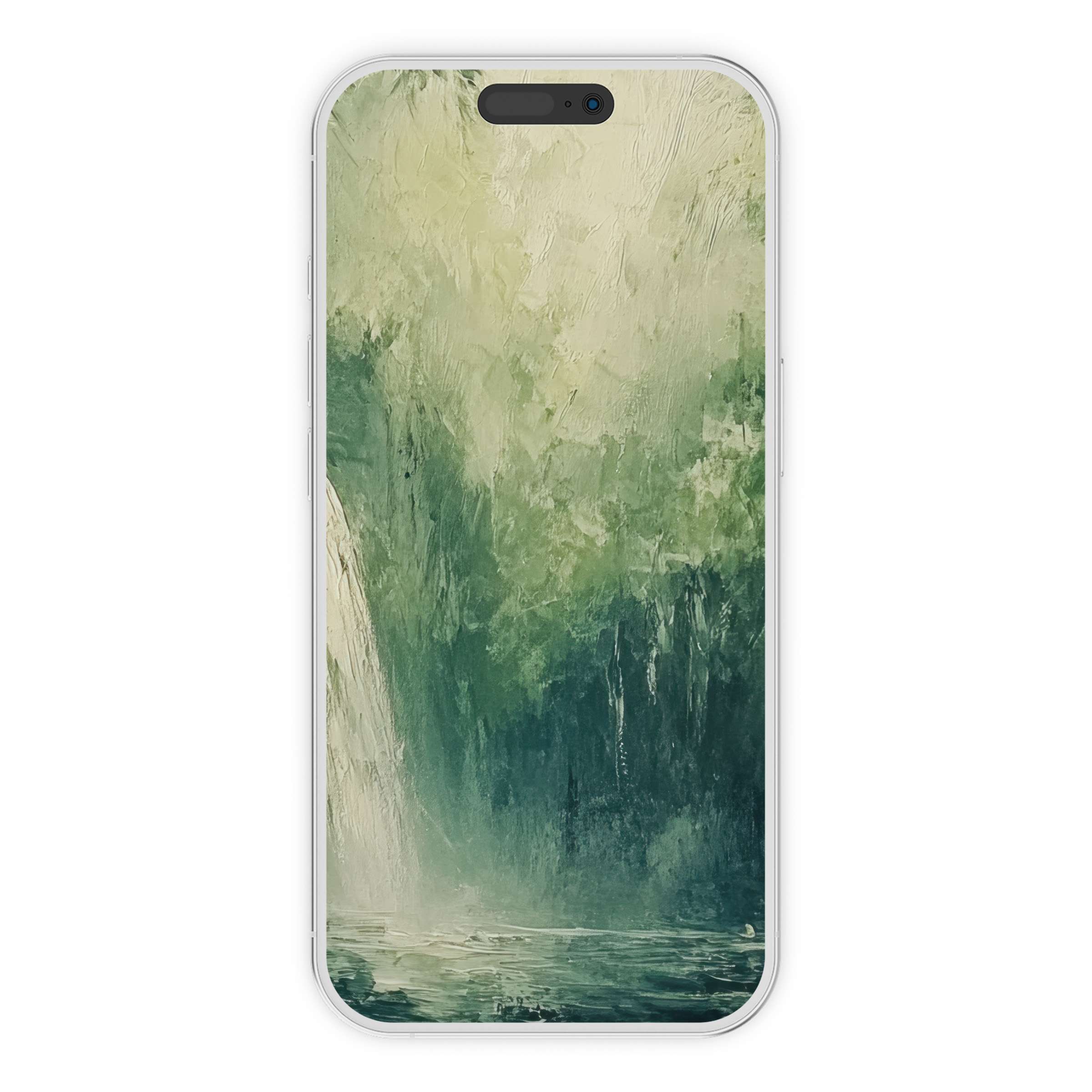 Serene summer iPhone wallpaper with a lush green landscape, artistic waterfall phone background, perfect digital download for calm vibes