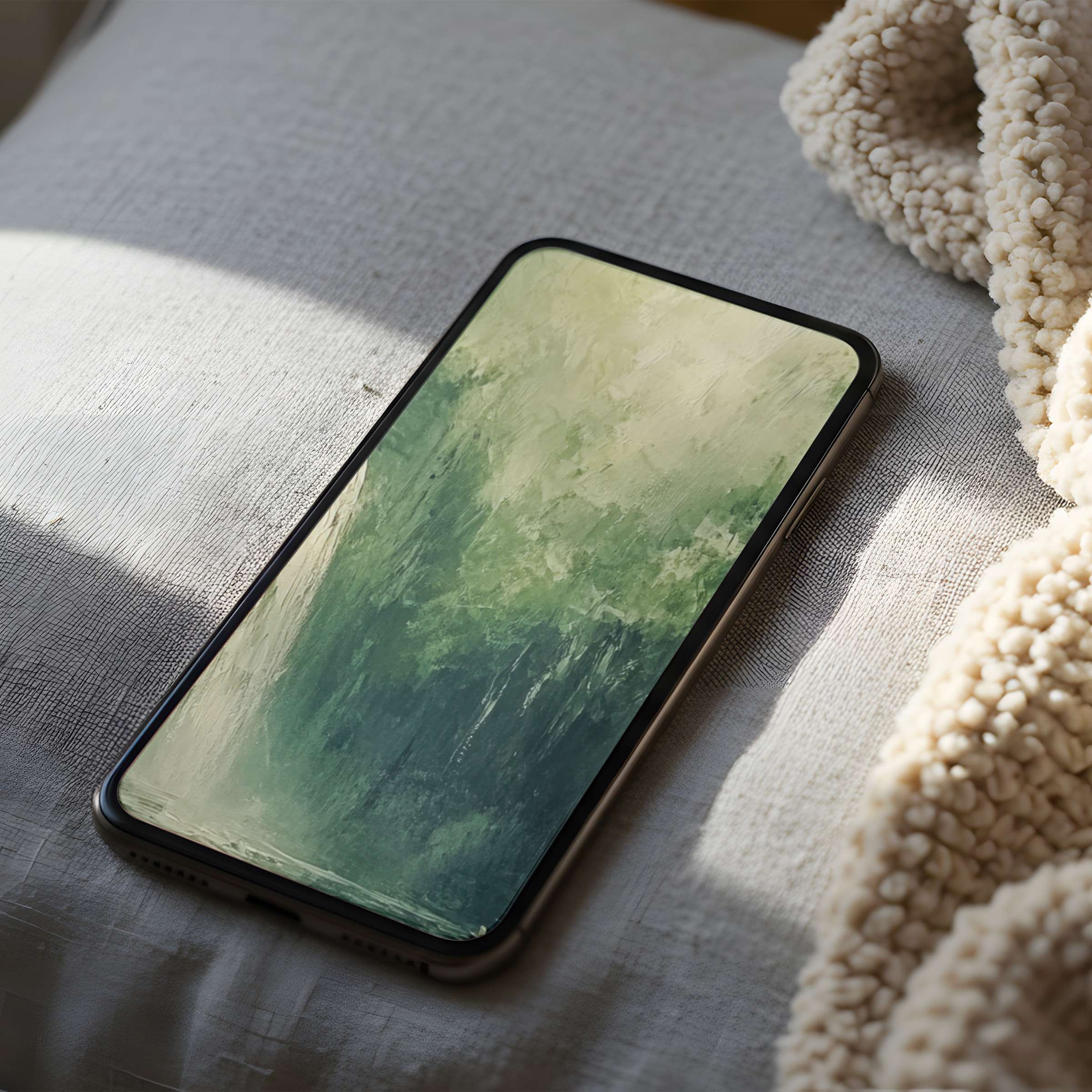High resolution abstract green phone wallpaper featuring calming nature tones on an iPhone nestled in soft, cozy surroundings