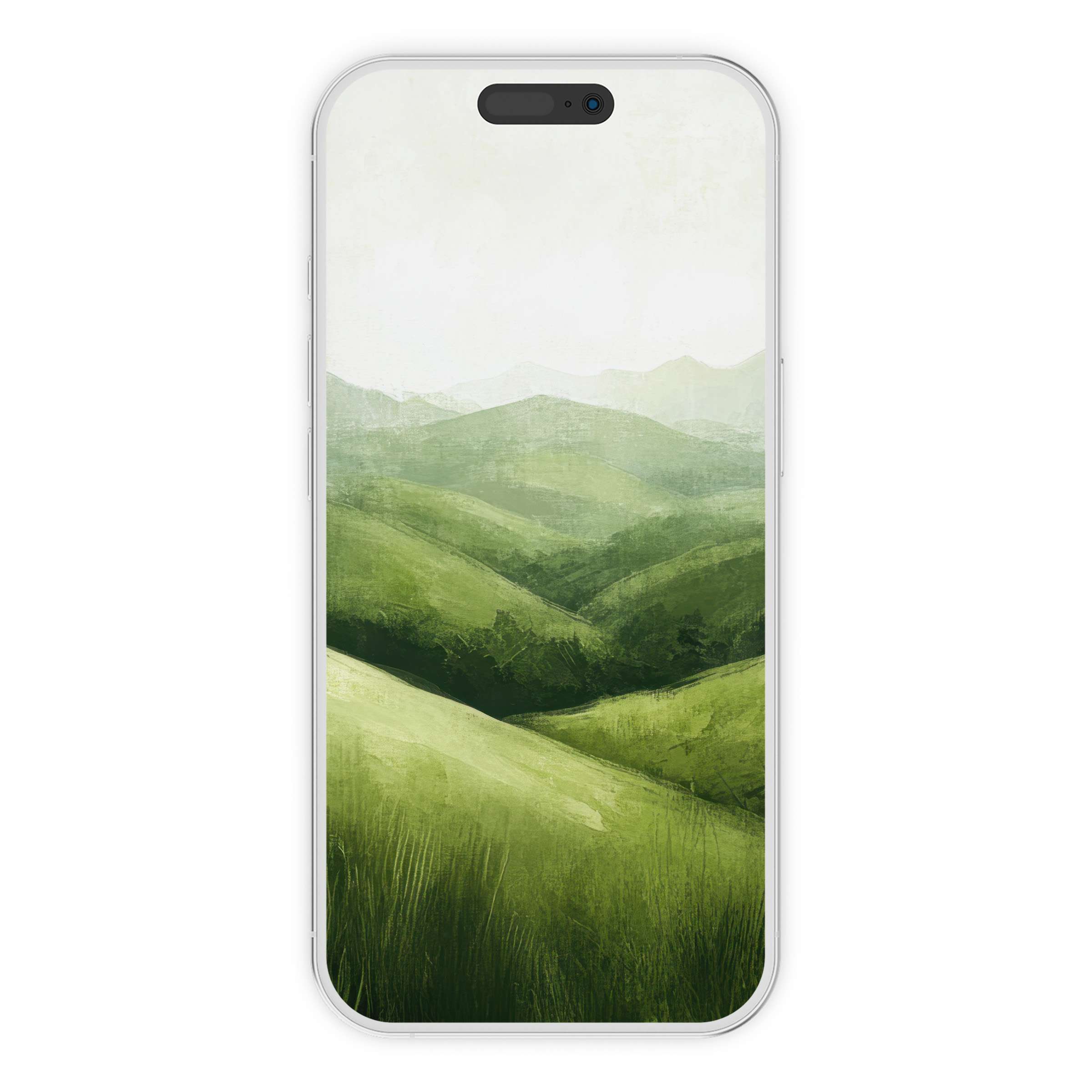 Serene summer iPhone wallpaper featuring lush green hills in watercolor style, ideal for creating a calming phone background with this digital download