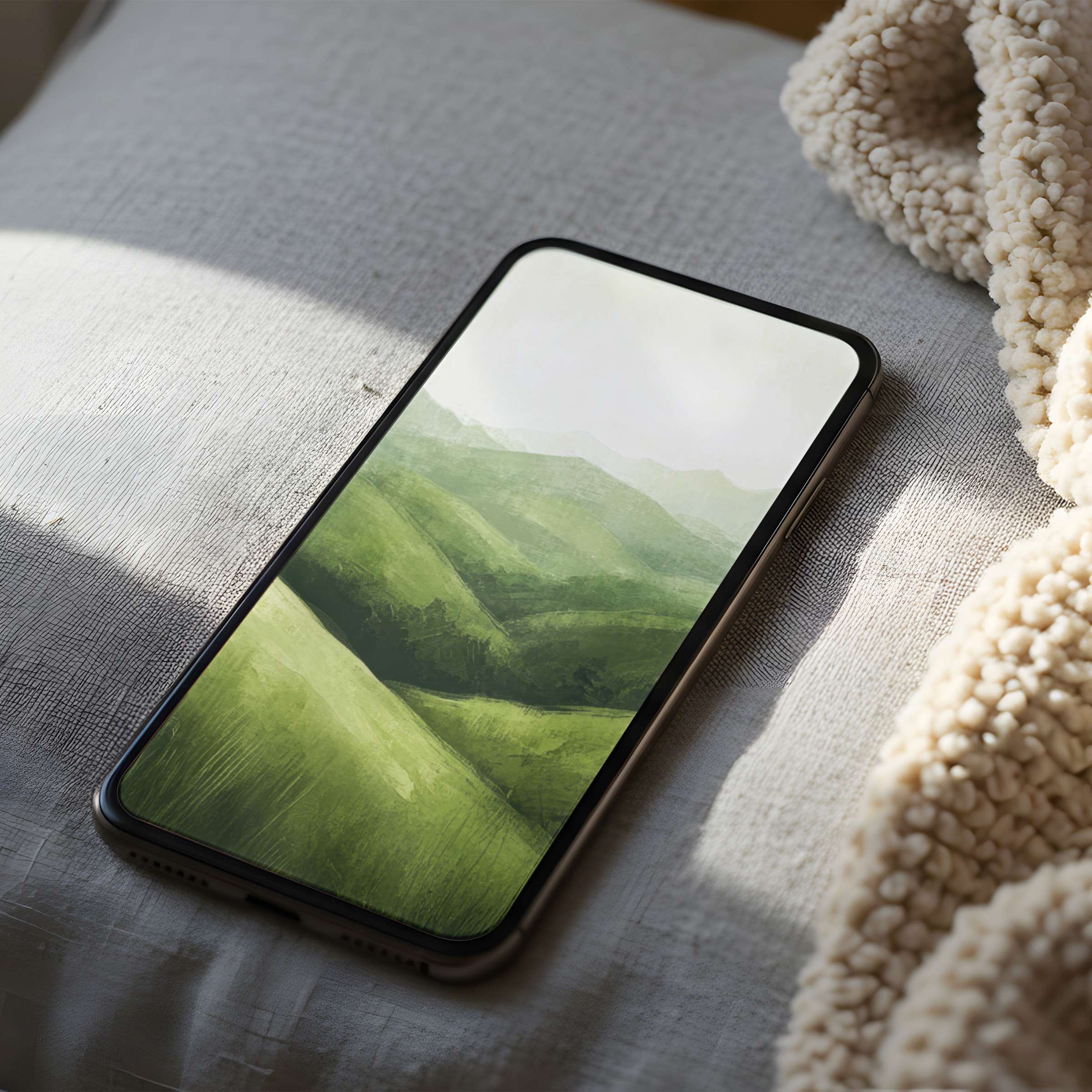 Lush green hills in soothing watercolor style create a serene phone wallpaper for iPhone and Android, available as a high-resolution download