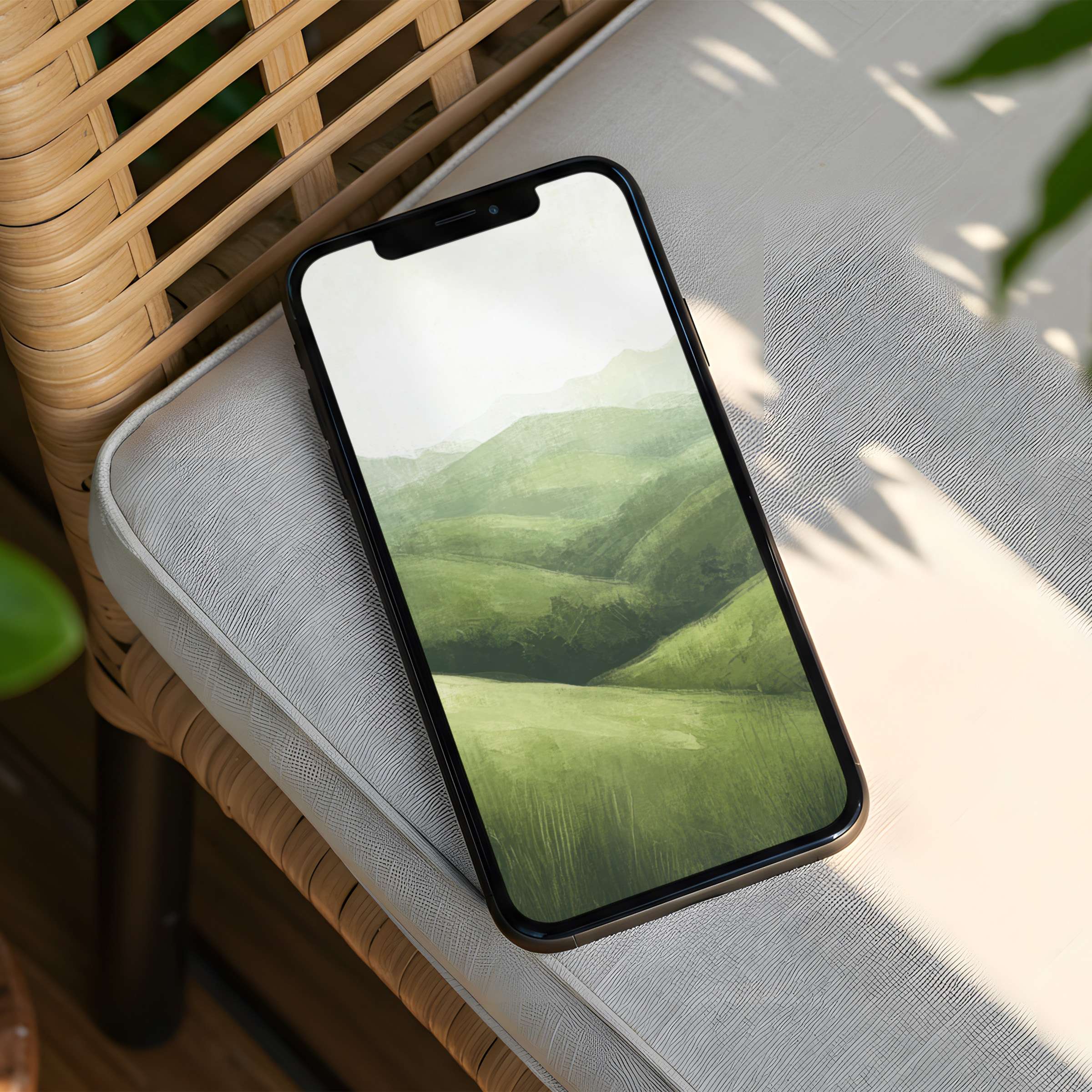 Minimalist green landscape iPhone background on phone screen evokes calm and elegance perfect for instant download and inspiration
