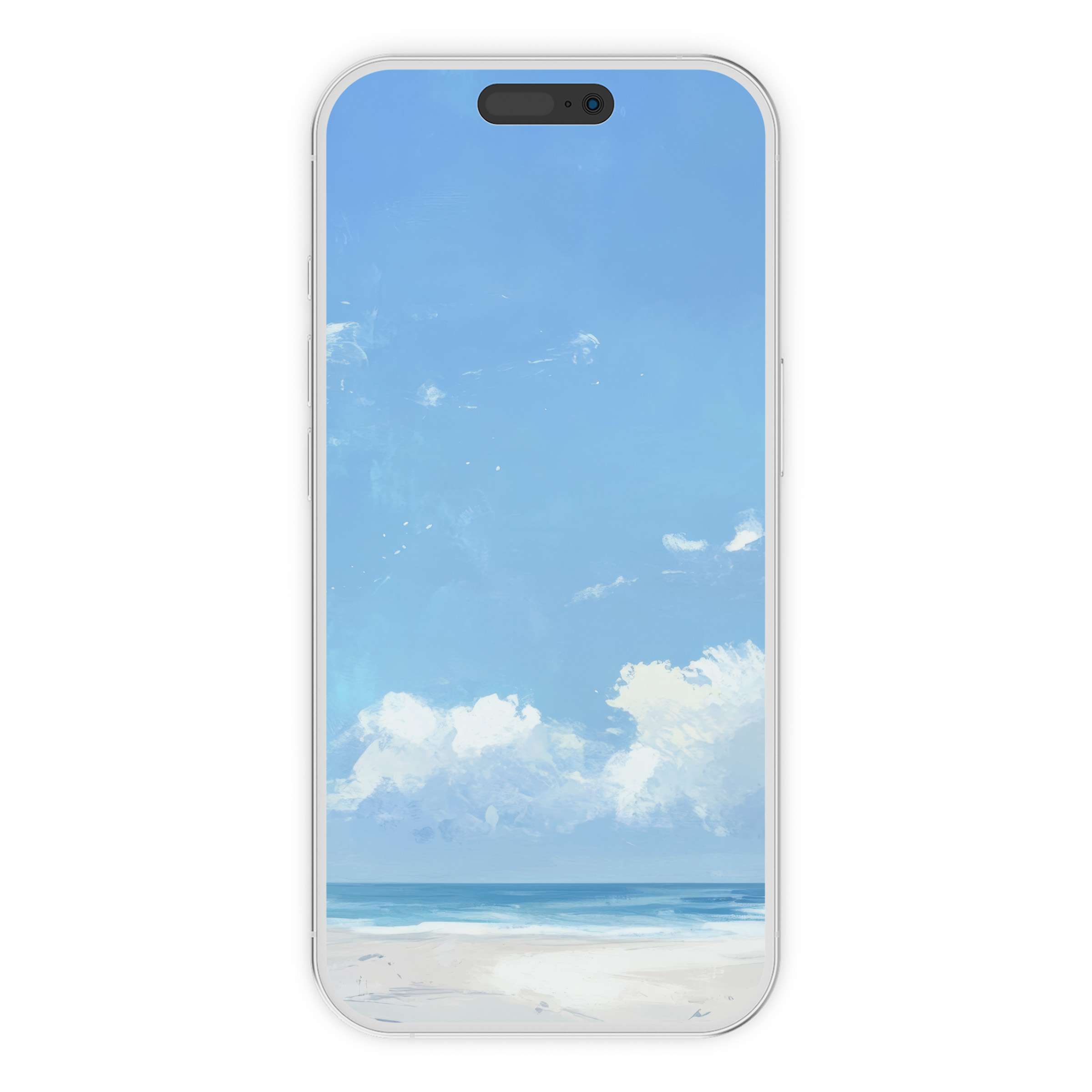 Elegant summer iPhone wallpaper featuring serene beach scene with blue skies and fluffy clouds for a calming phone background digital download