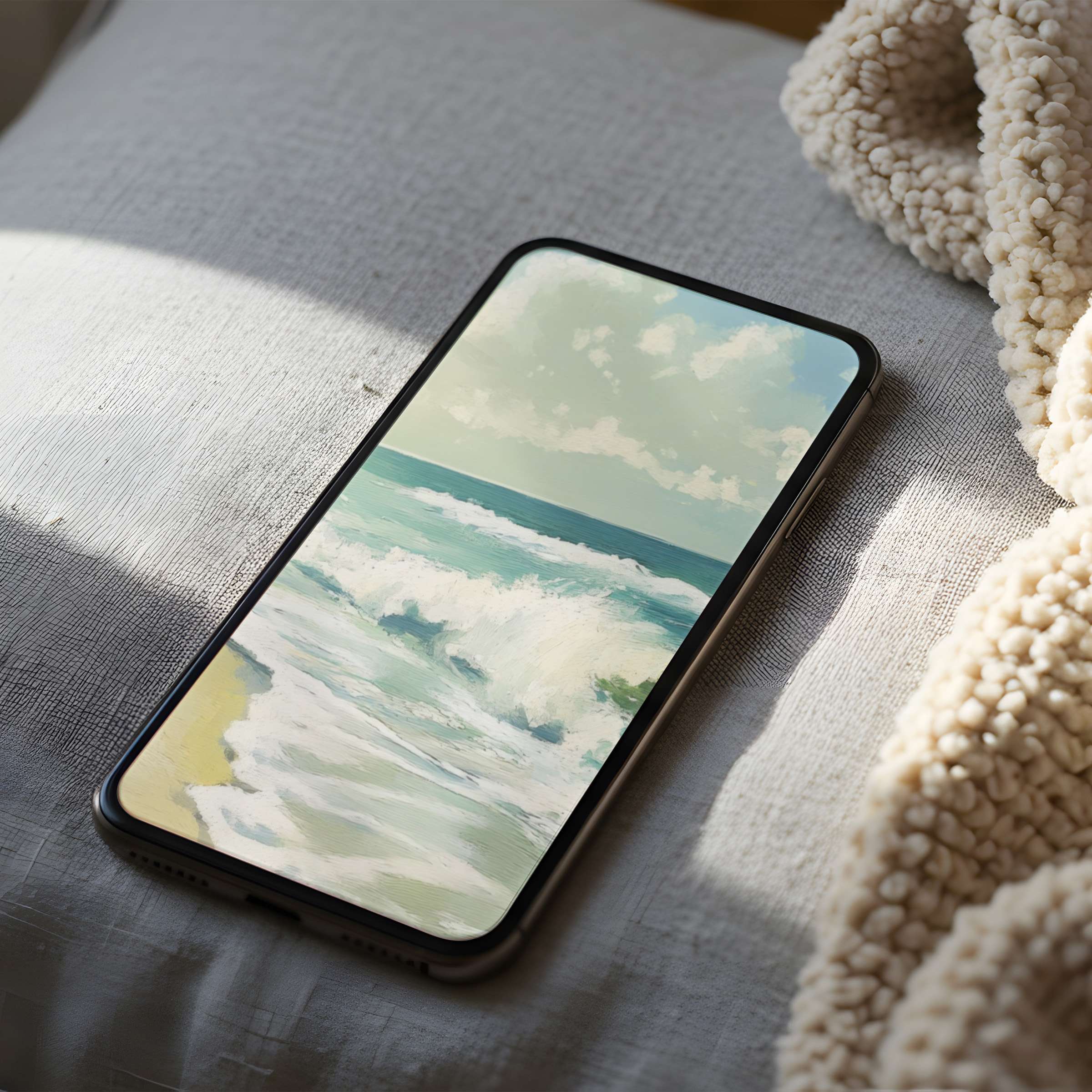 Elegant ocean waves phone wallpaper in high resolution on a bed, perfect for iPhone and Android, evokes tranquility and style