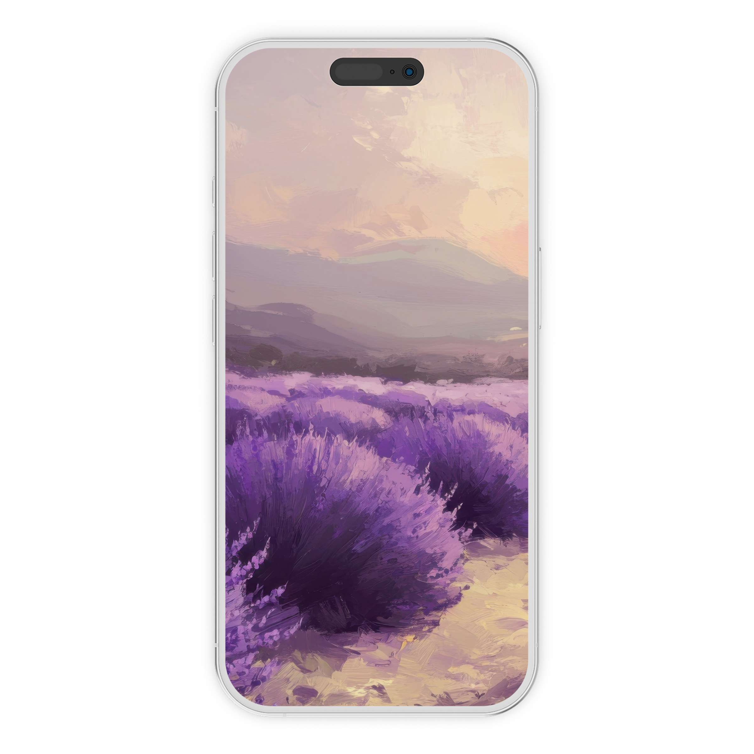 Serene summer iPhone wallpaper with digital download of lavender fields painting, creating a calming phone background for all devices