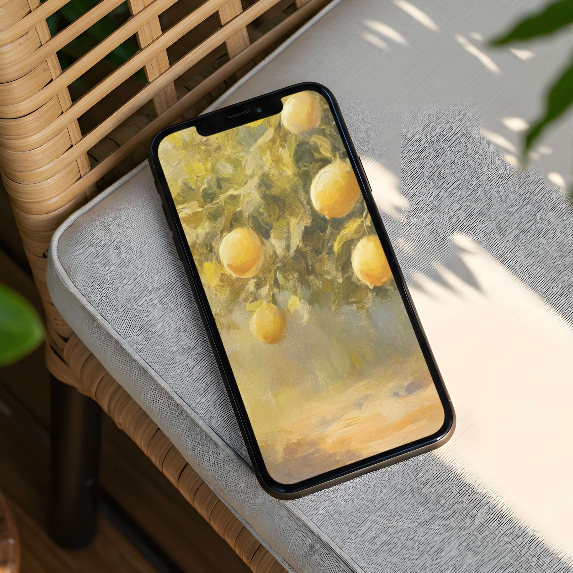 Elegant lemon grove iPhone background offers instant download for phone screens inspiring calm and mindfulness with artistic charm