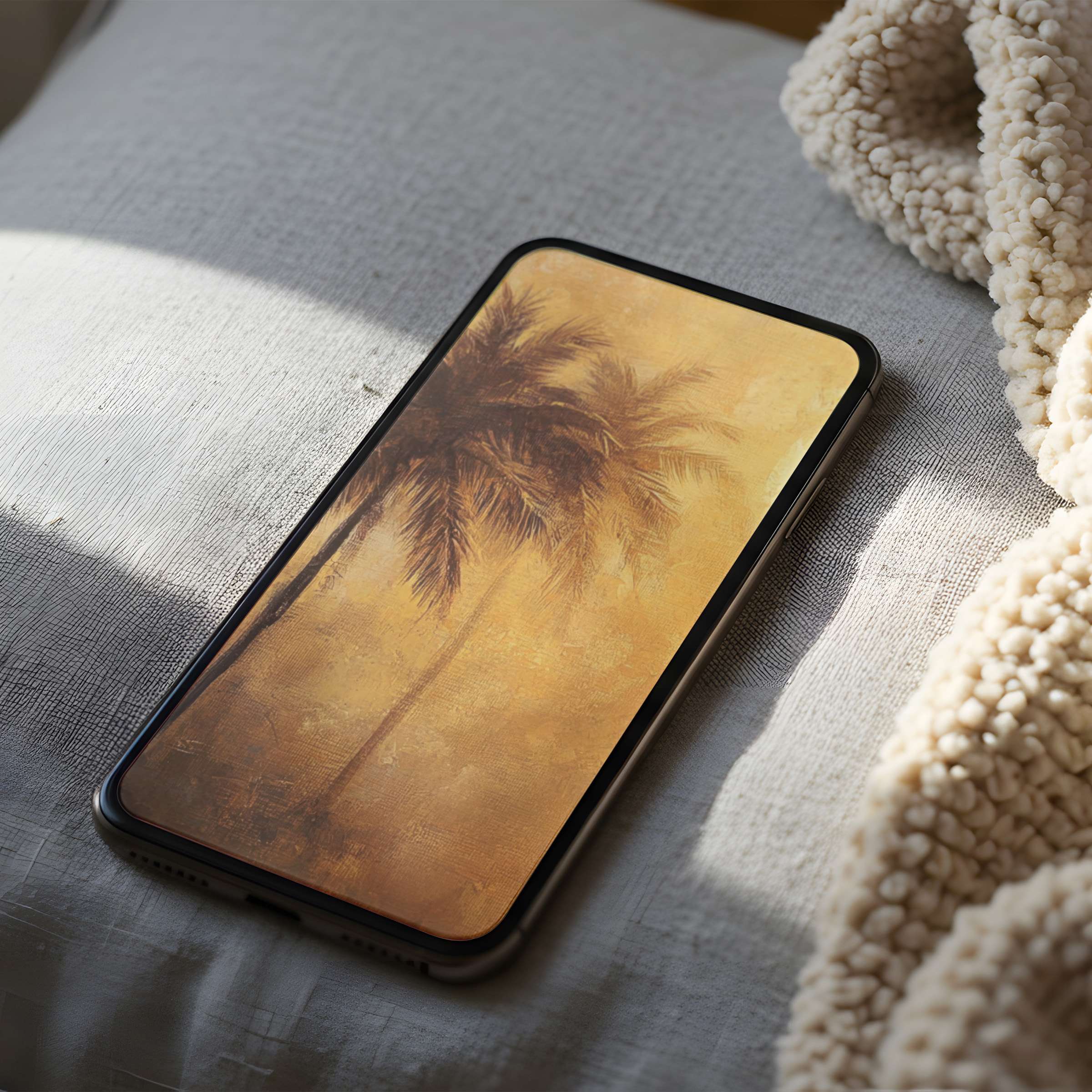 Serene palm tree phone wallpaper in warm, earthy tones offers calming high resolution for iPhone and Android digital download