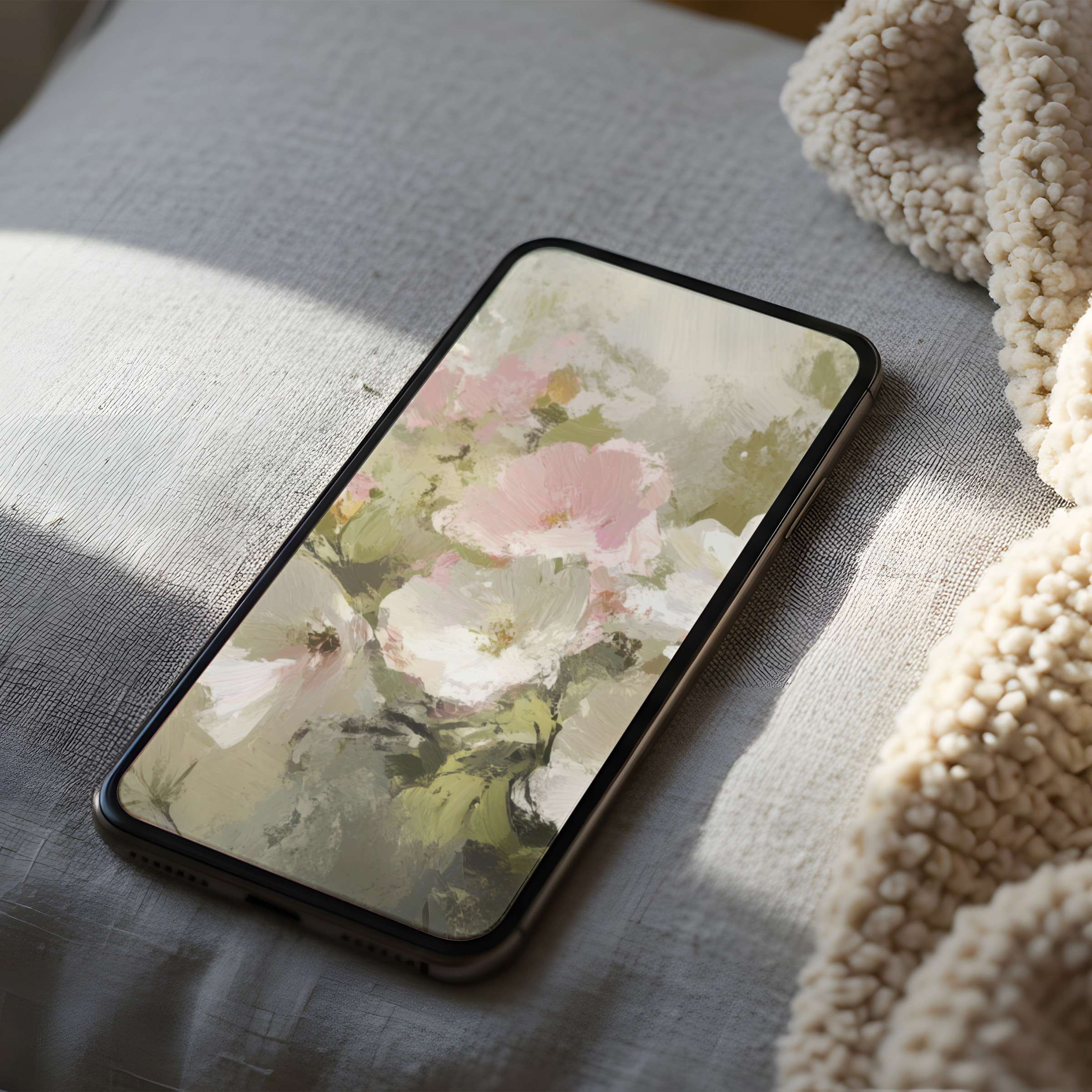 Elegant phone wallpaper with abstract floral art in soft pink and green hues inspiring calm and beauty suitable for iPhone and android