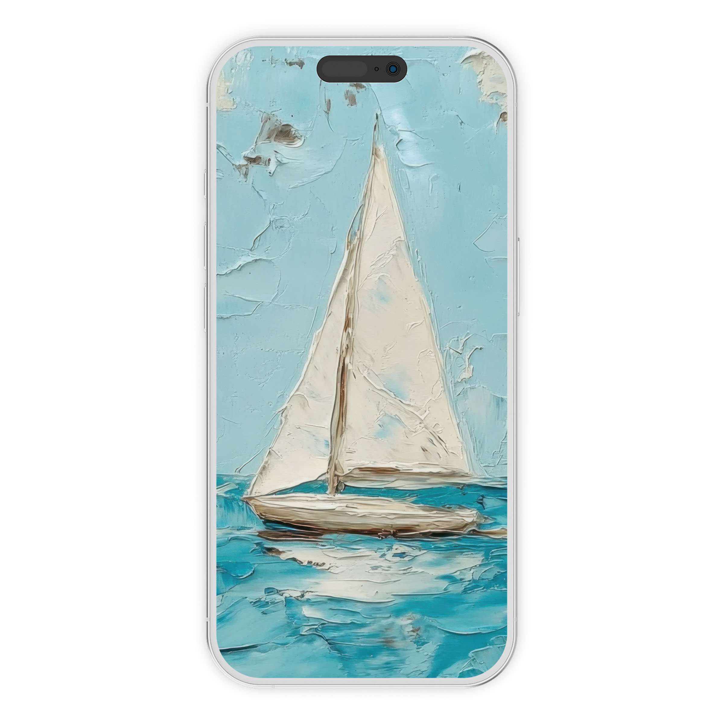 Elegant summer iPhone wallpaper featuring an impasto sailboat on tranquil blue waters phone background digital download art