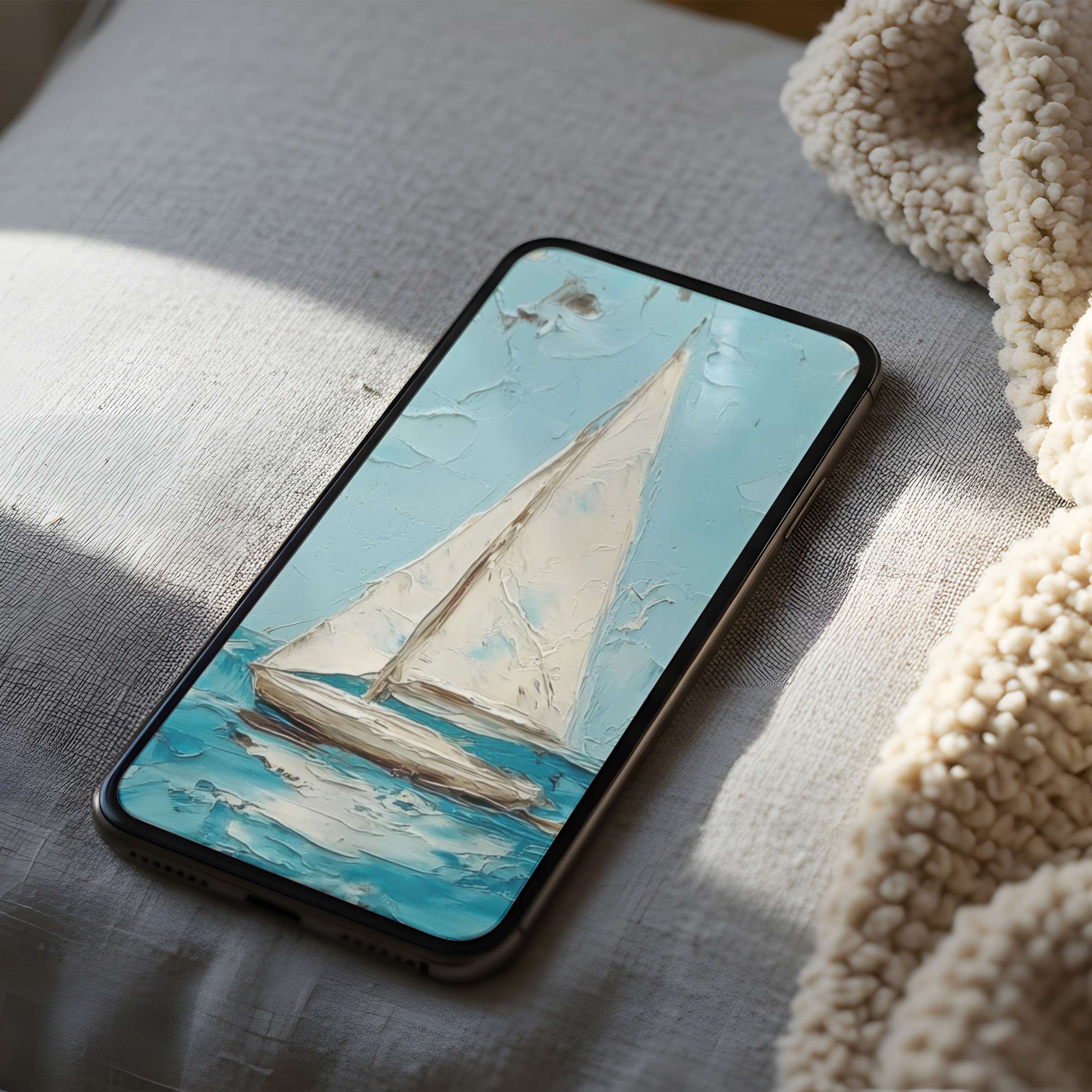 Calming sailboat phone wallpaper blends serene blues and whites on high resolution, perfect for iPhone and android digital download