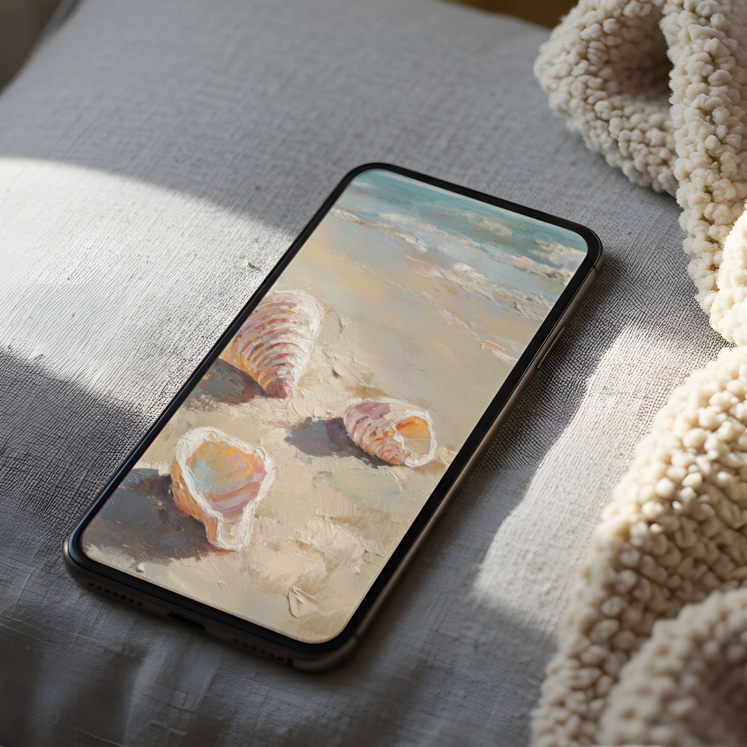 Elegant seascape phone wallpaper with seashells in soft pastels offers serenity high resolution for iPhone and Android digital download