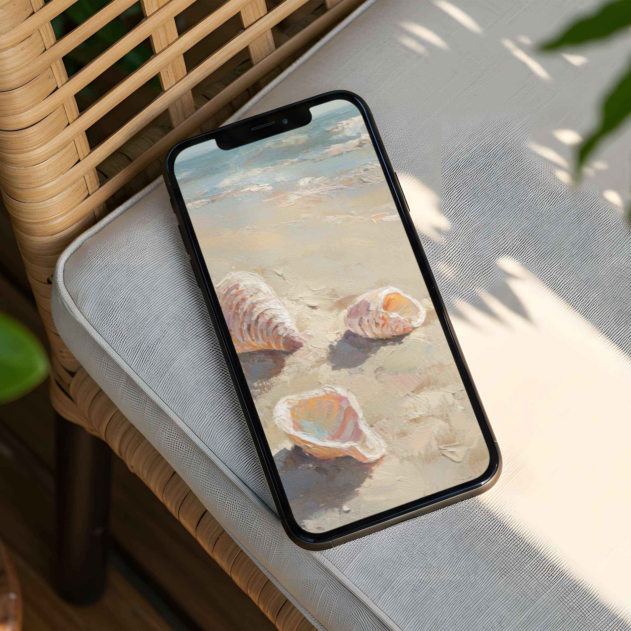 Serene beach-themed iPhone background with seashells offers instant download for any phone inspiring calm and elegant mindfulness