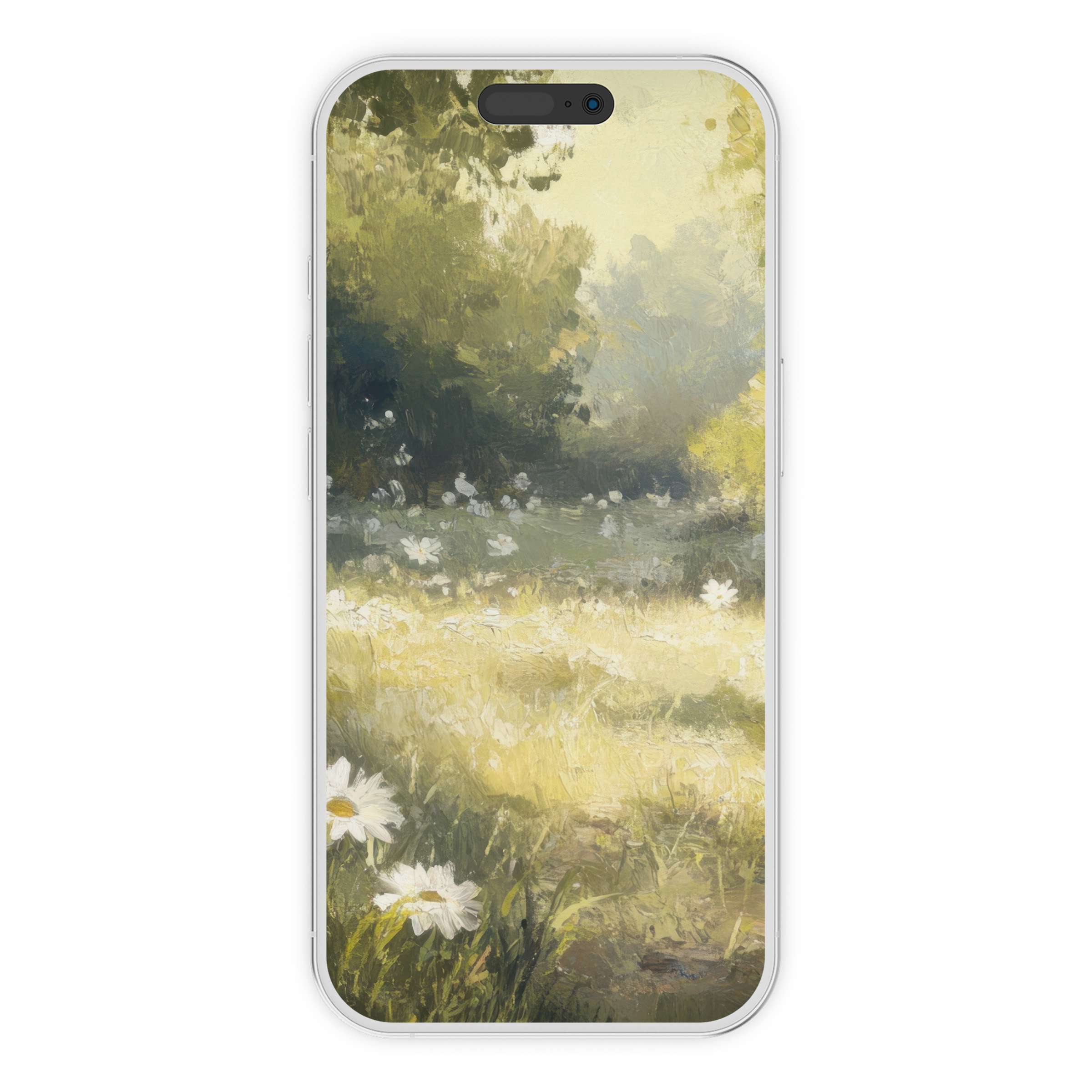 Serene summer iPhone wallpaper with sunlit meadow, soft textures, calming green foliage, digital download for elegant phone background