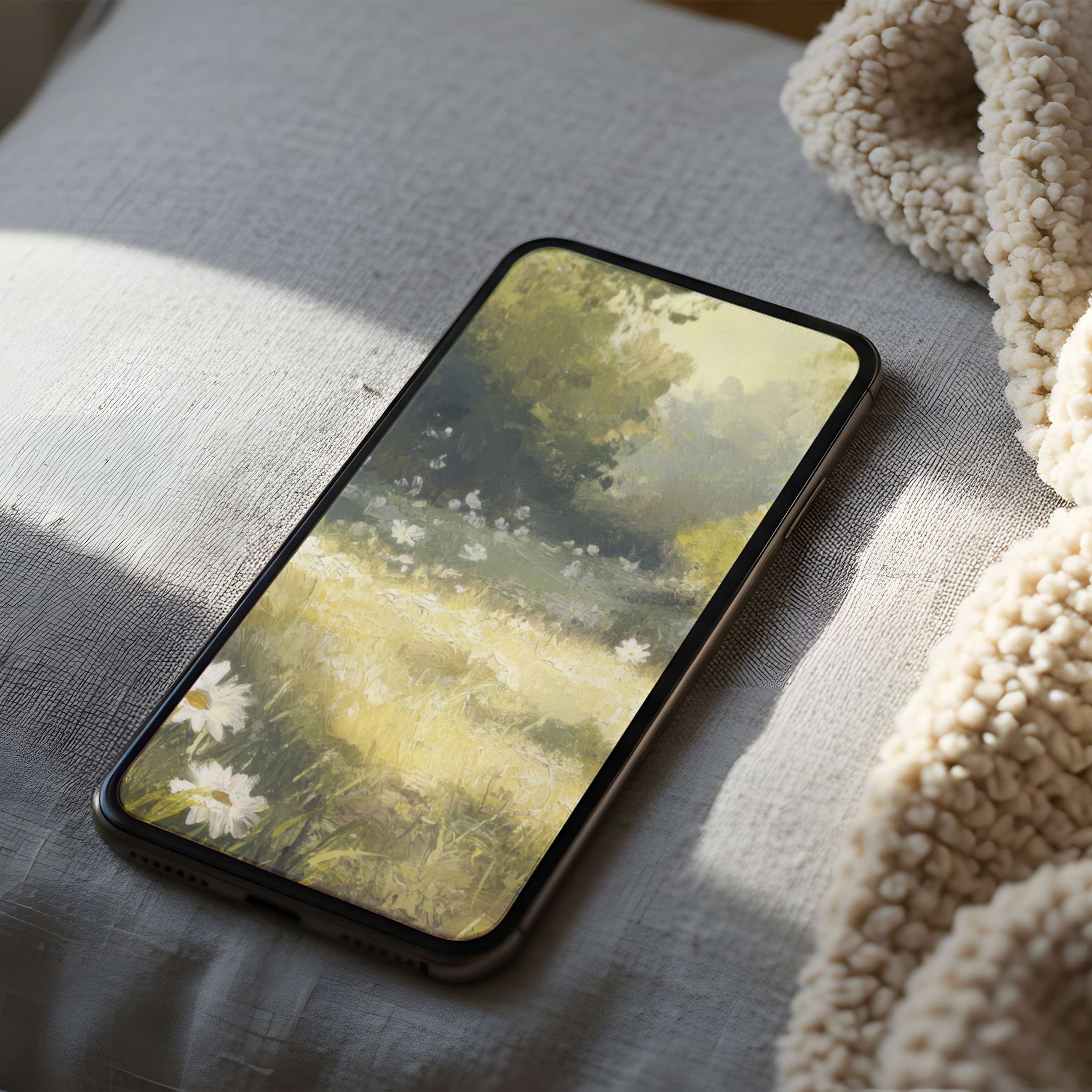 Elegant phone wallpaper featuring serene, high-resolution landscape art in soothing greens and yellows suitable for iPhone and Android users