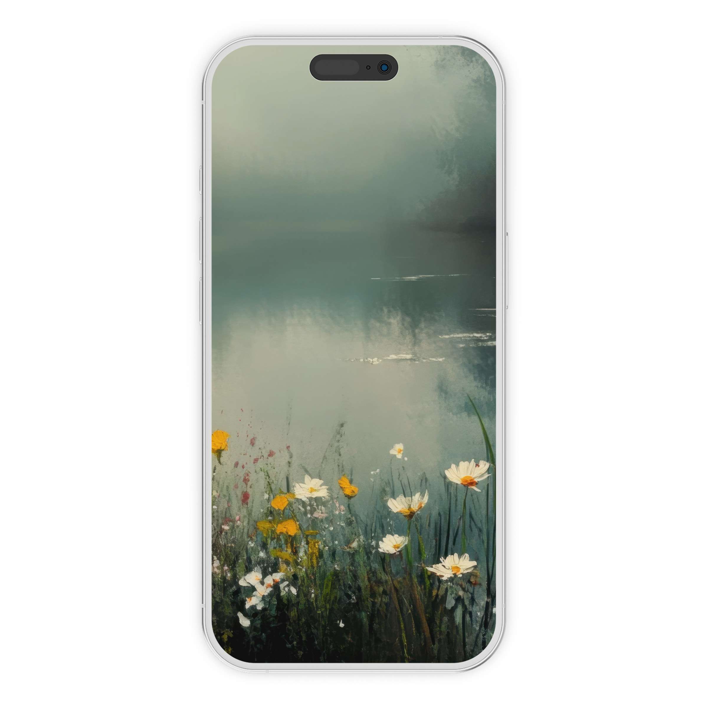 Serene summer iPhone wallpaper with tranquil lake view and wildflowers offering an elegant background for phone users digital download