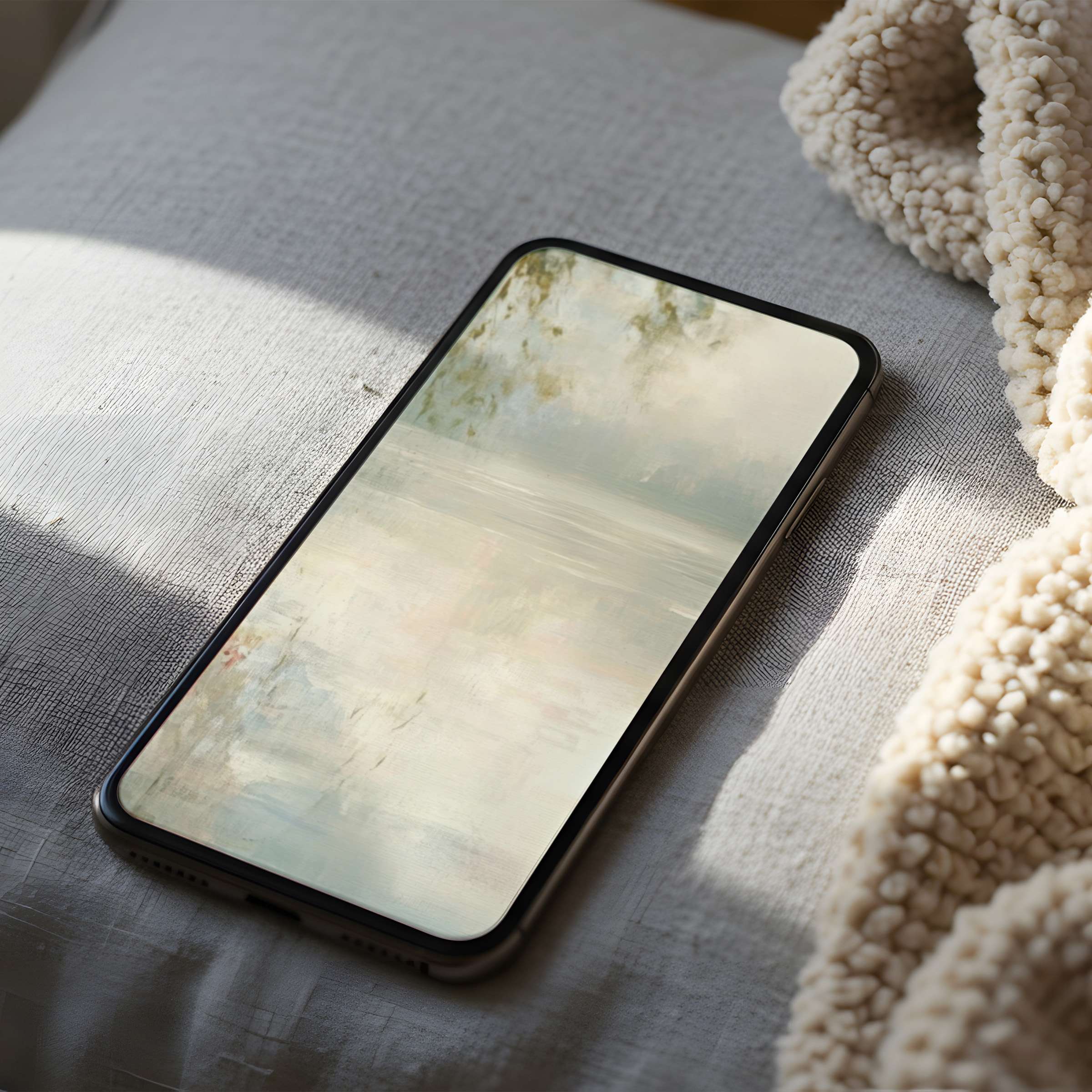 Elegant phone wallpaper featuring soothing pastel abstract art on a cozy bed setting, perfect for iPhone and android digital download