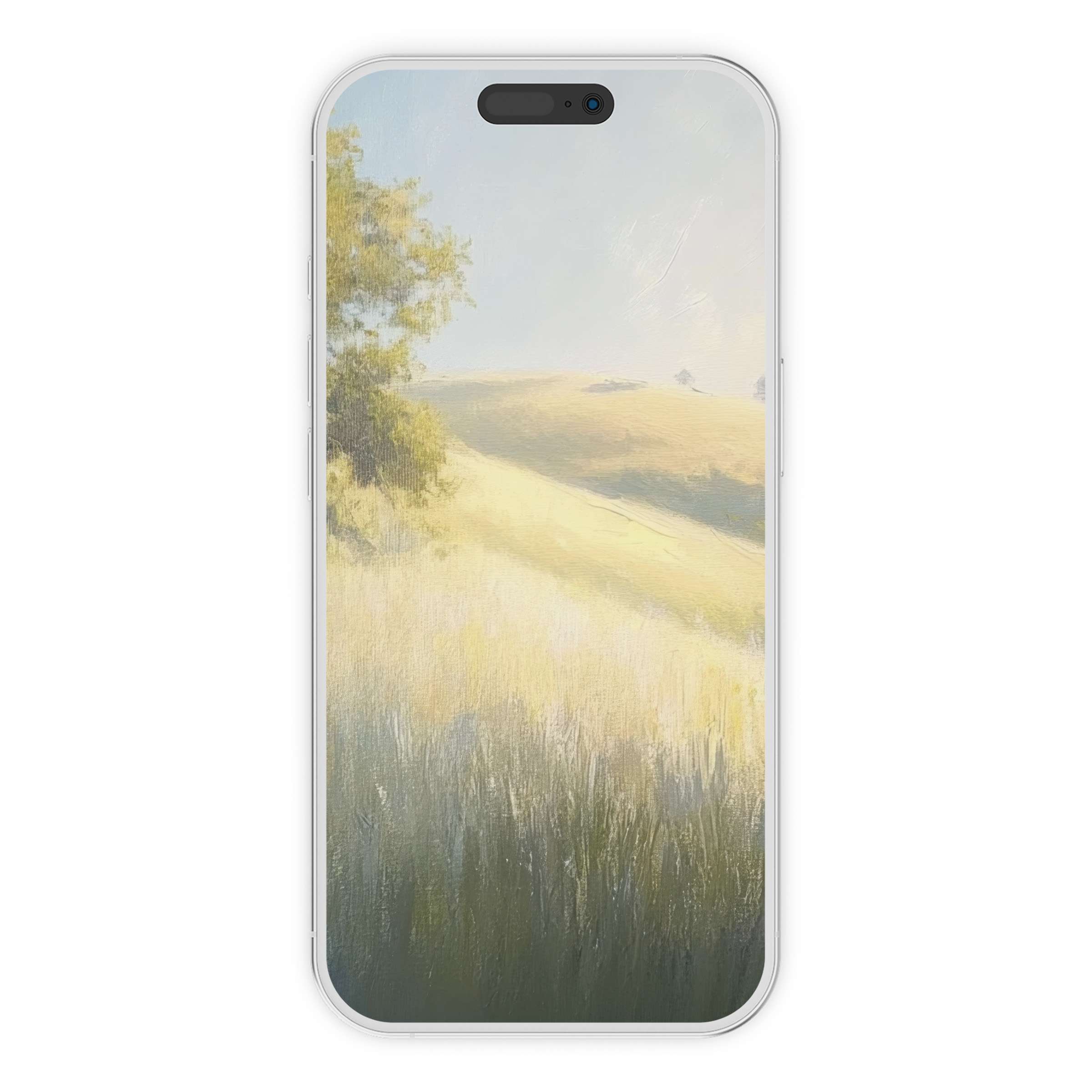 Serene summer iPhone wallpaper with sunlit fields, soft brushstrokes, digital download for calming phone background aesthetics