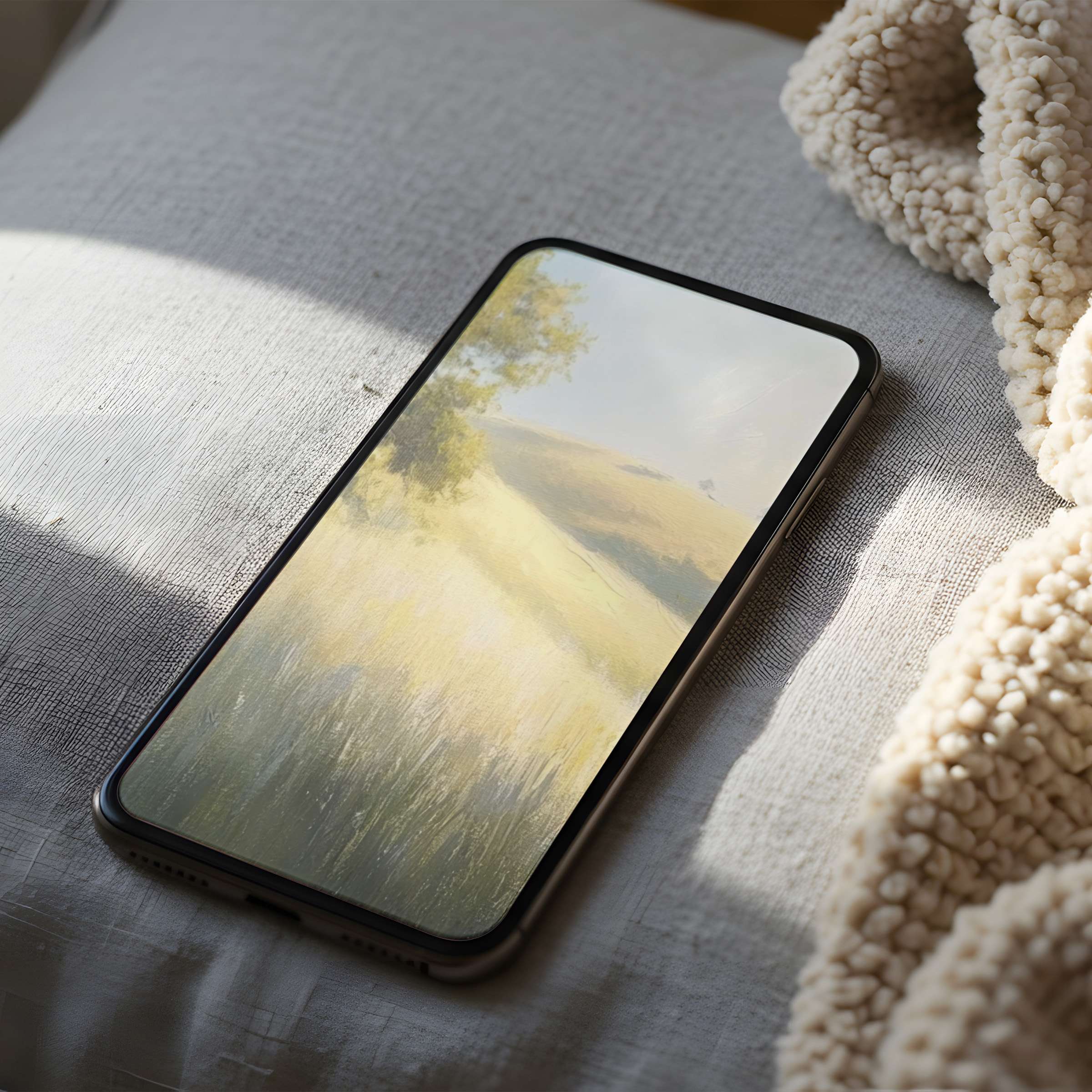 Tranquil landscape phone wallpaper in soft pastels adds elegance and calm, perfect for iPhone and Android, offering sustainable digital charm