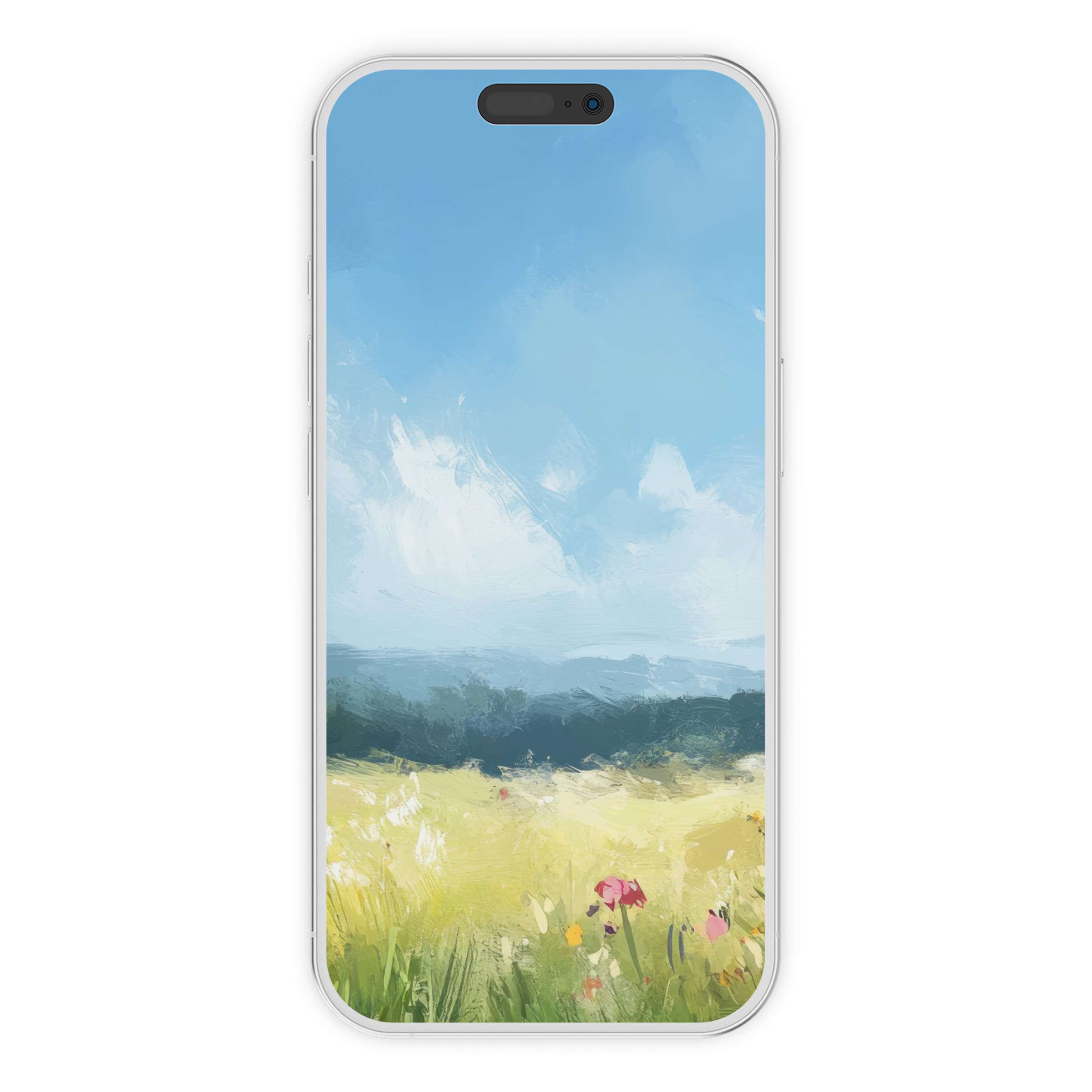 Serene summer iPhone wallpaper featuring a vibrant field and sky painting, perfect digital download for a calm phone background