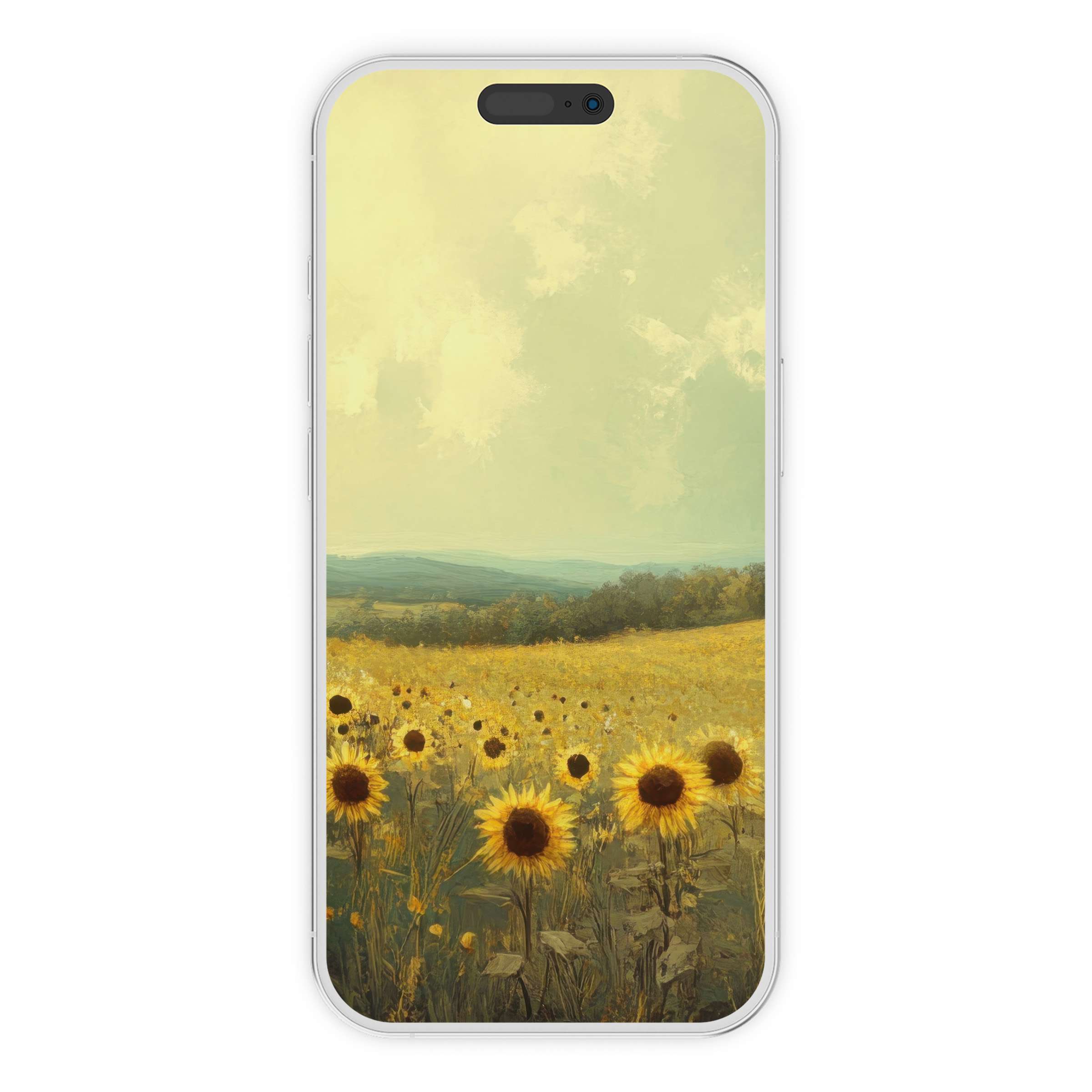 Sunny field of sunflowers under soft pastel skies creates a calming summer iPhone wallpaper phone background digital download