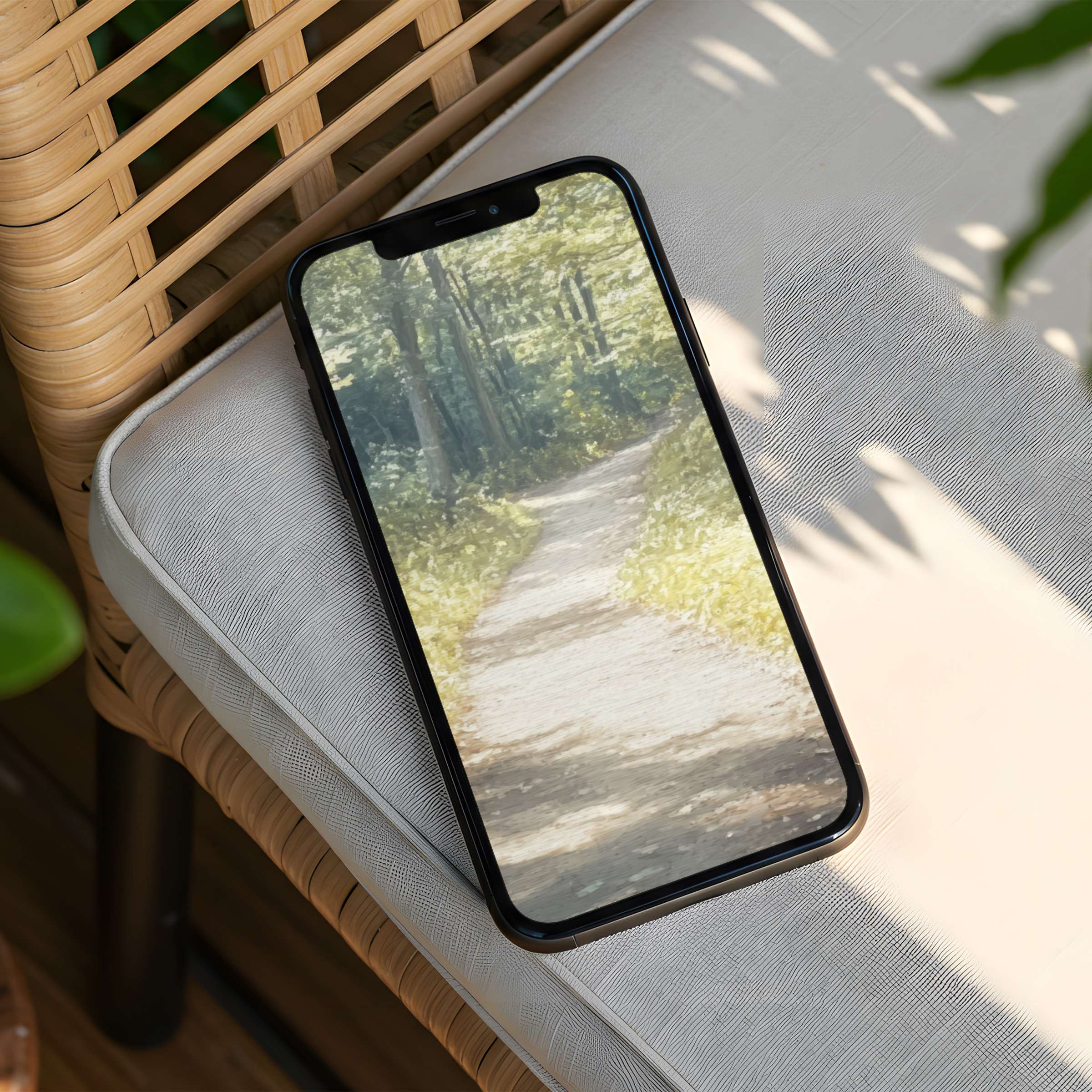 Elegant iPhone background features a serene forest path painting that inspires calm and mindfulness instant download for phone users