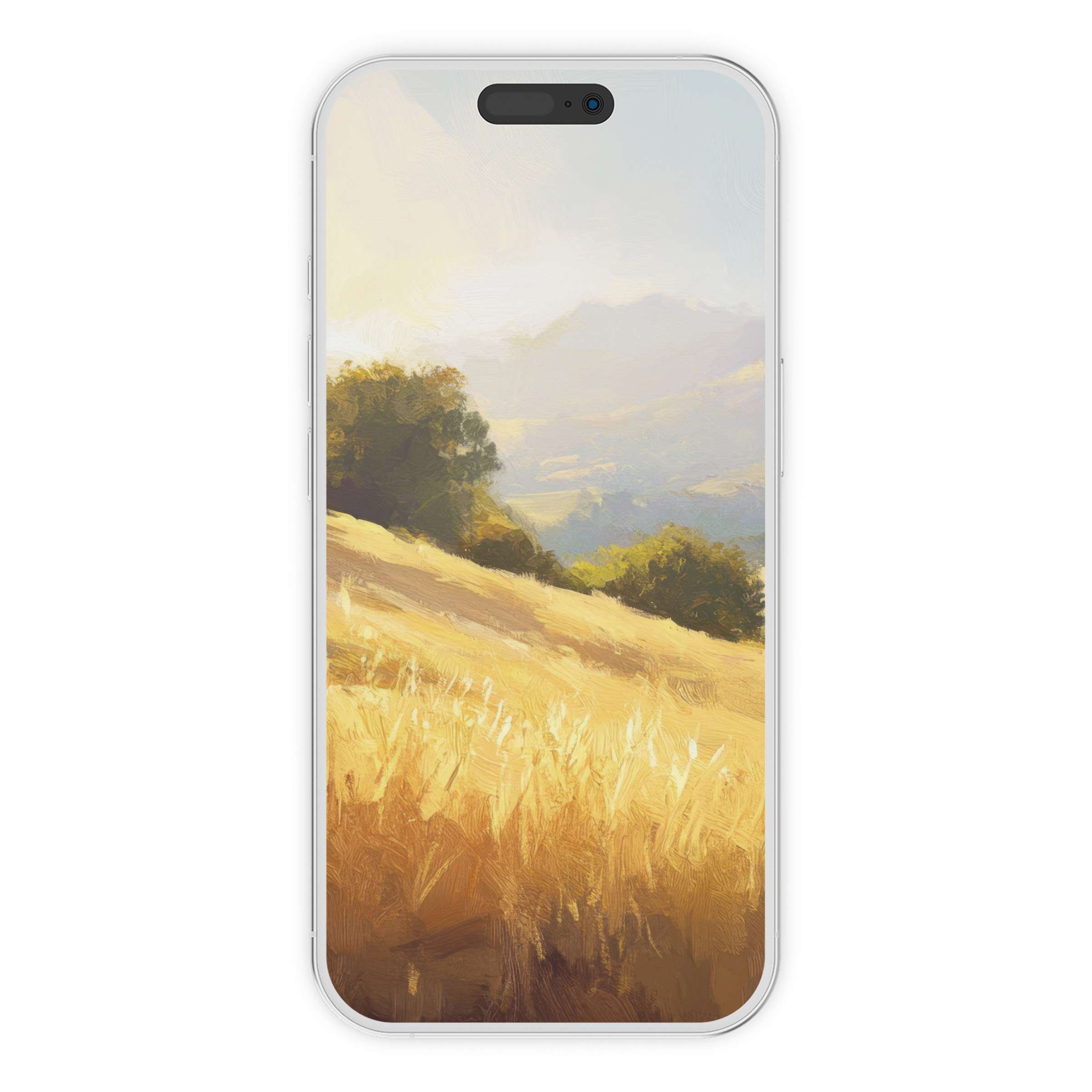 Golden fields and soft hills under a serene sky create an inspiring summer iPhone wallpaper phone background digital download
