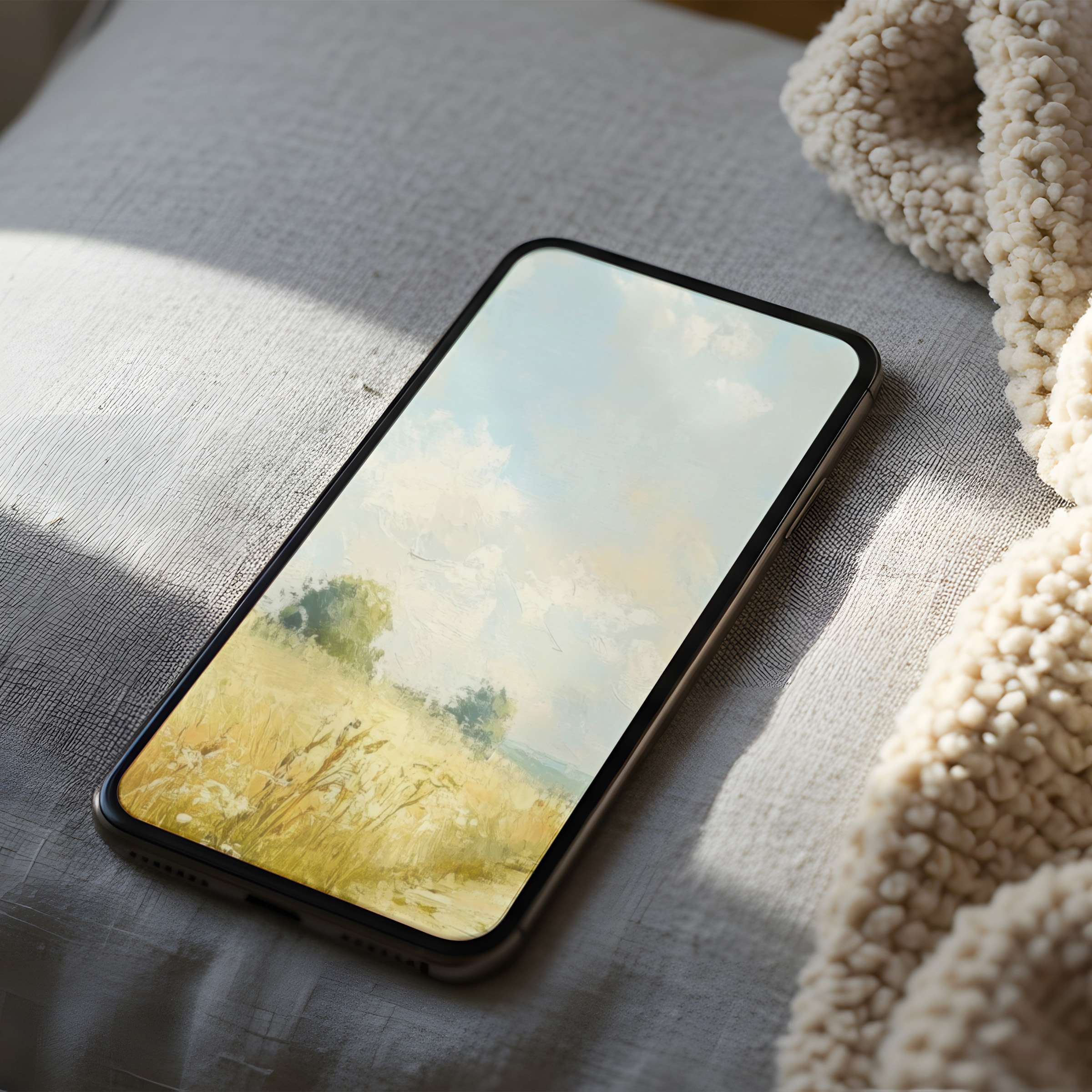 Tranquil pastel landscape phone wallpaper featuring soft skies and fields suitable for high resolution iPhone and Android screens ideal for digital download