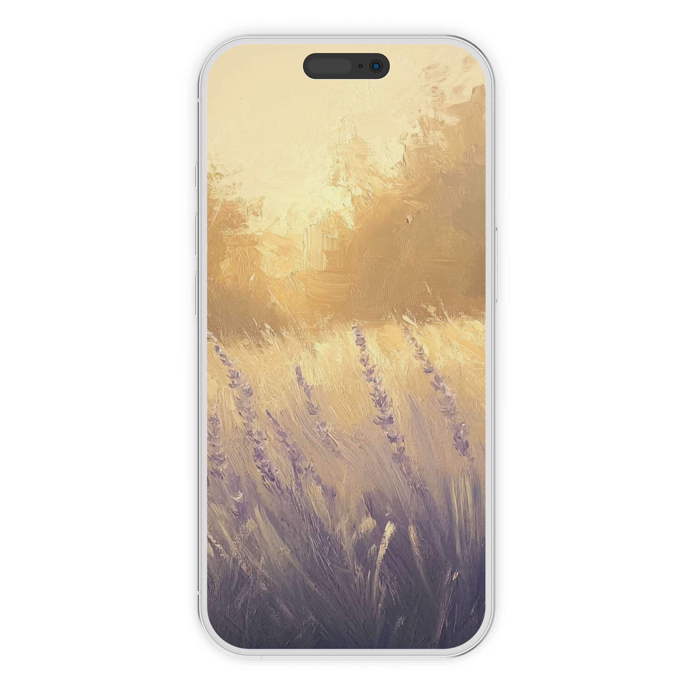 Elegant summer iPhone wallpaper featuring serene lavender fields in soft, warm hues perfect digital download for phone background tranquility