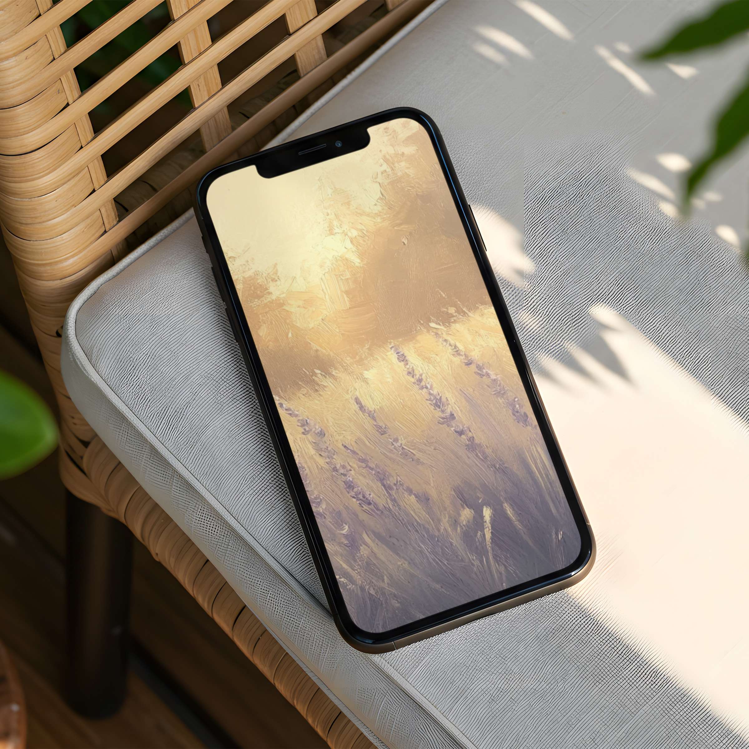 Elegant iPhone background featuring serene lavender fields in a soft pastel palette offers instant download for your phone tranquility