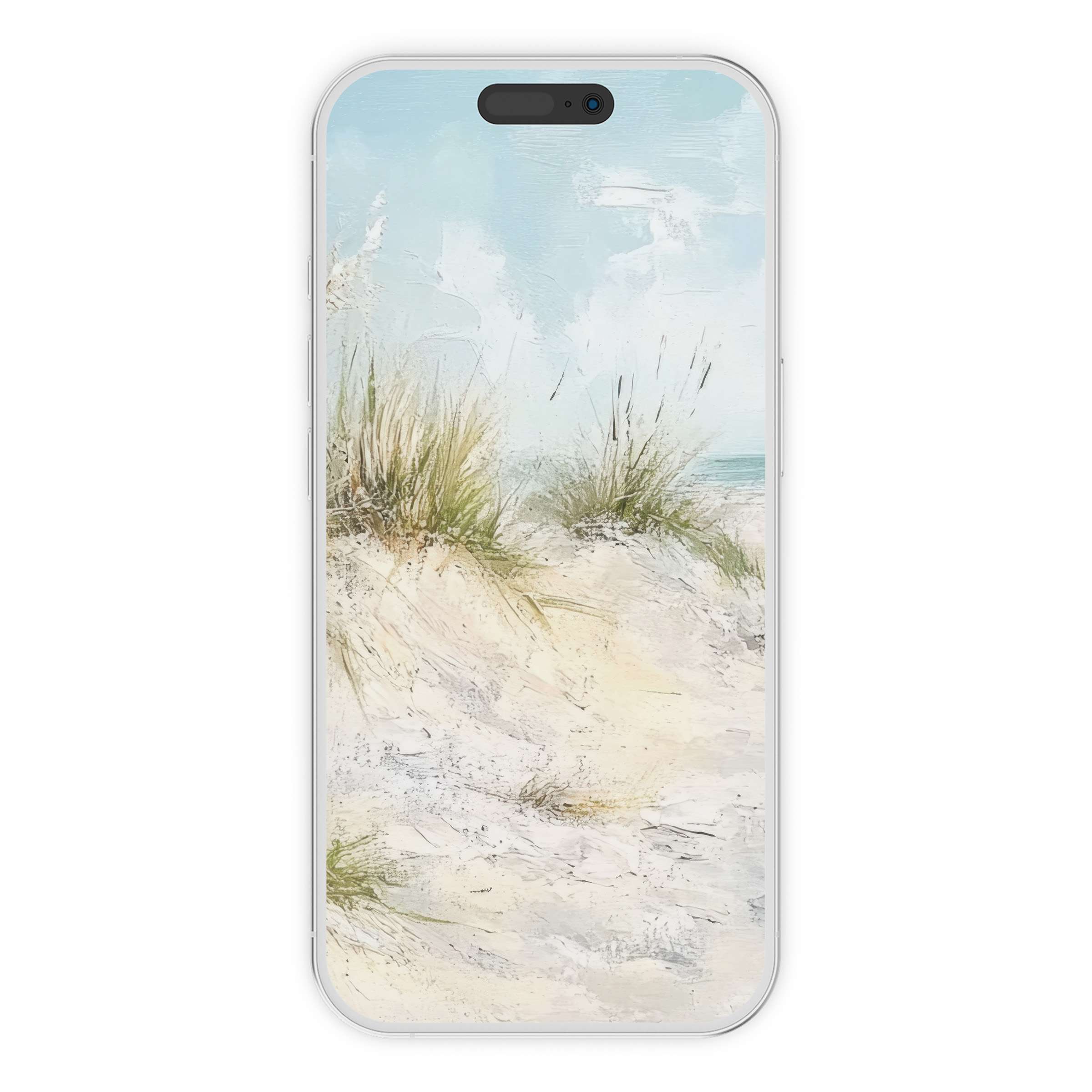 Summer iPhone wallpaper featuring serene seaside dunes in soft pastels for a calming phone background digital download