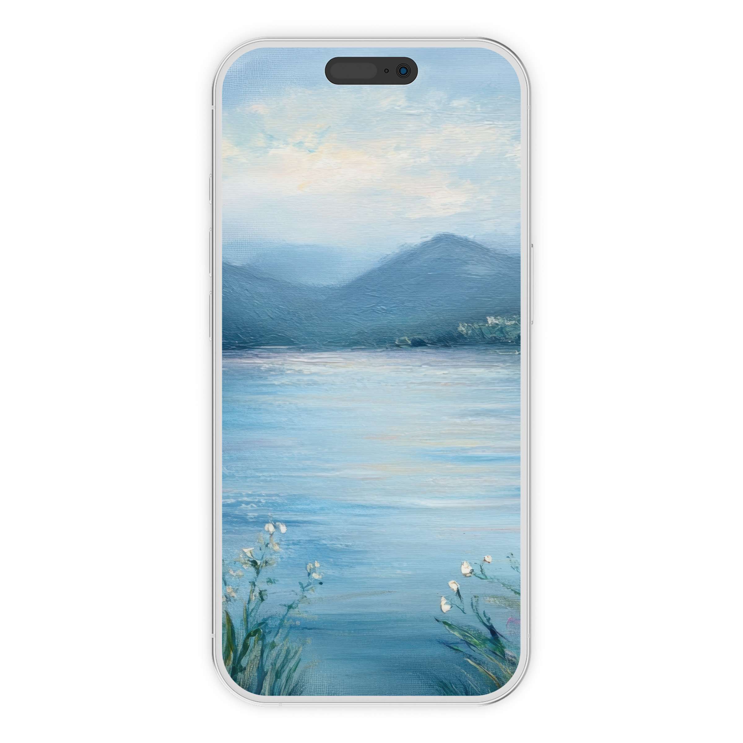 Tranquil summer iPhone wallpaper with serene lake and distant hills in soft pastels digital download for phone background elegance