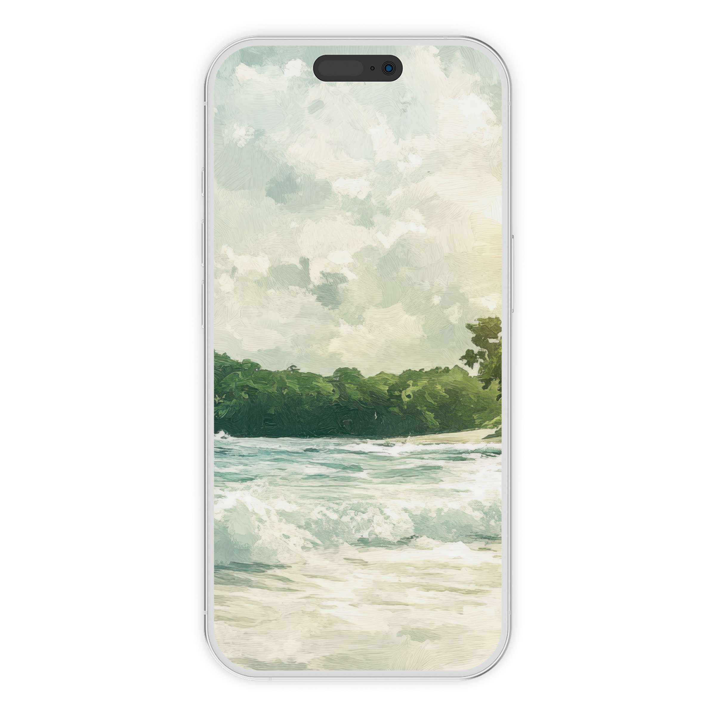 Summer iPhone wallpaper features serene pastel waves and lush greenery offering an elegant, calming phone background digital download
