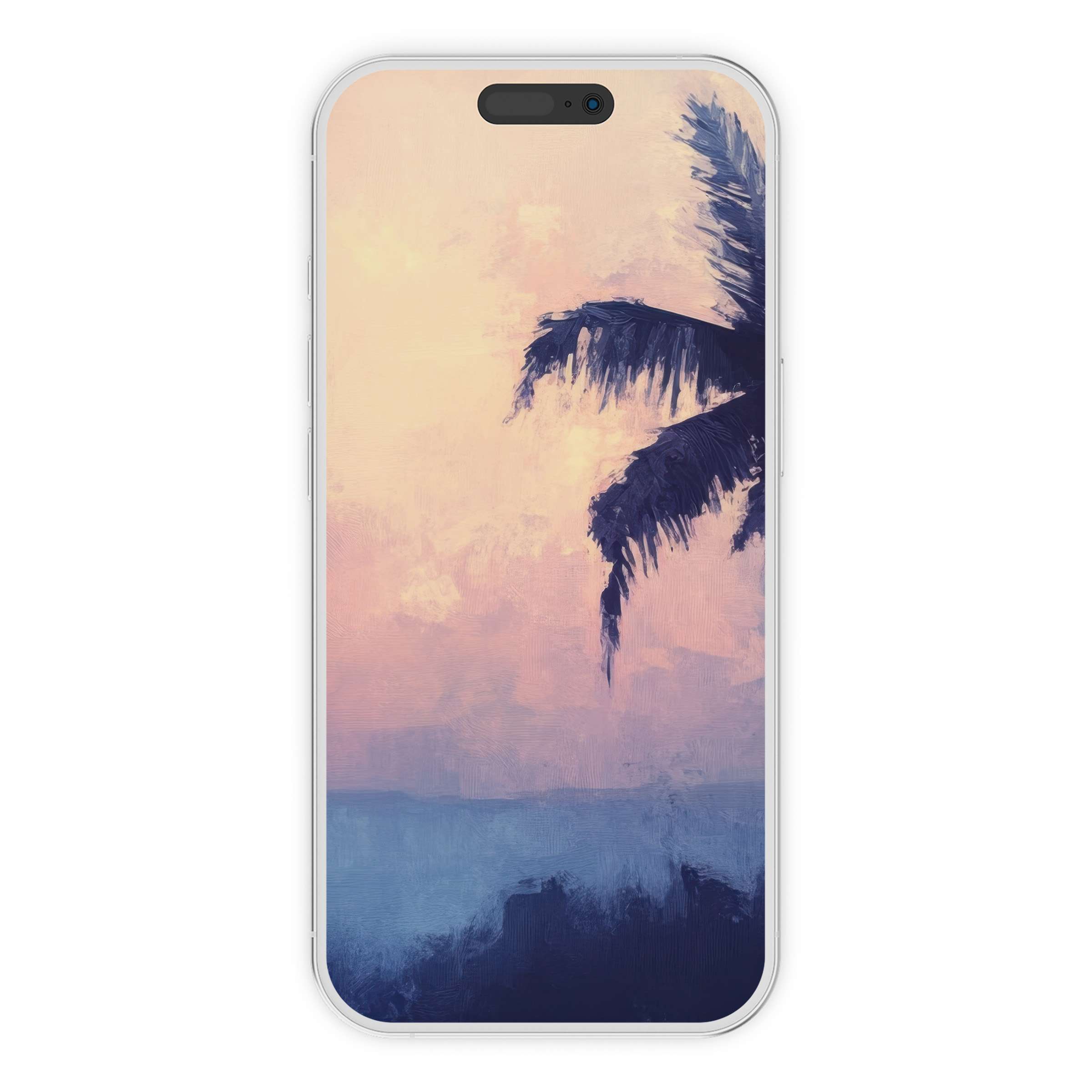 Elegant summer iPhone wallpaper featuring a serene palm silhouette against a pastel sunset sky painting phone background digital download