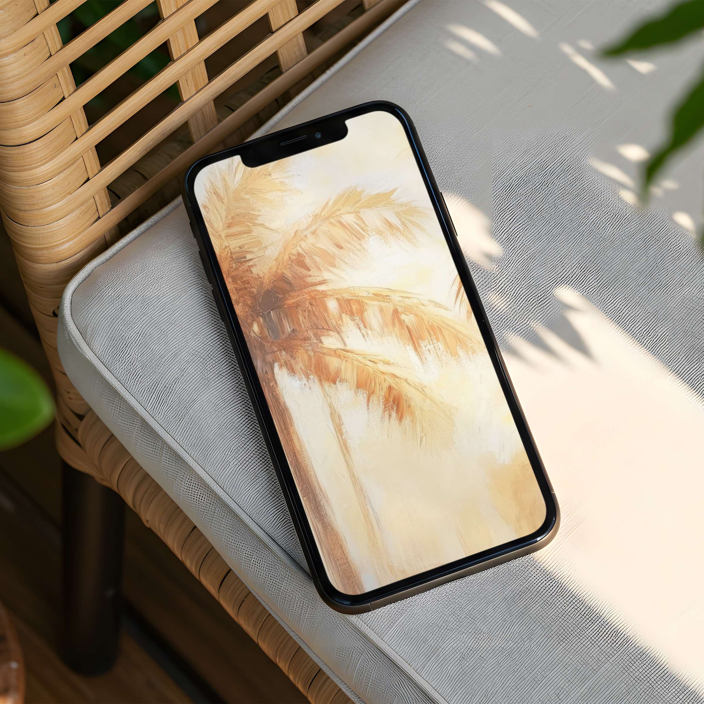 Sunlit beach palm watercolor iPhone background offers instant download for phone screens enhancing calmness and elegant inspiration