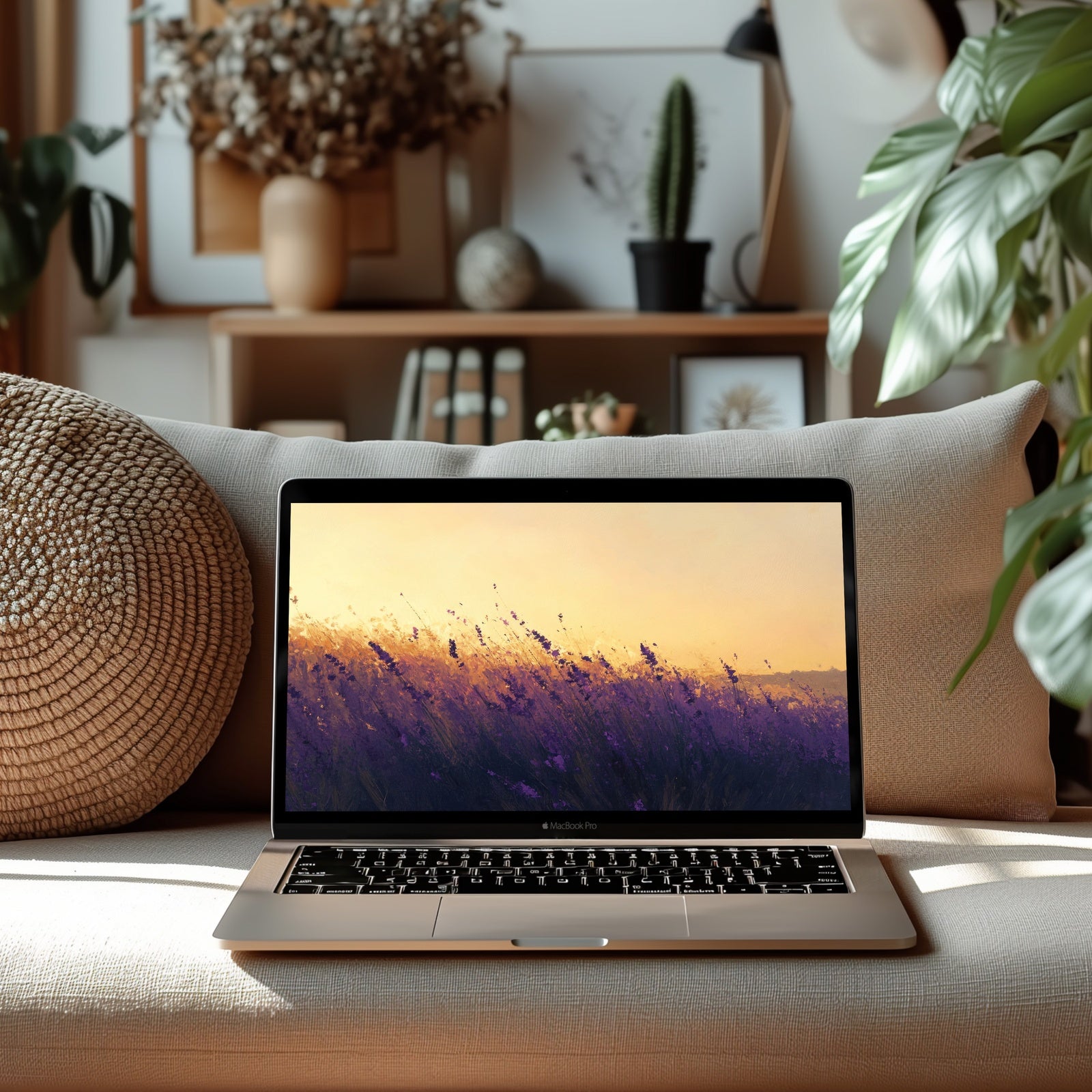 Summer desktop wallpaper featuring a serene lavender field glowing under a golden sunset - a warm and calming digital background that brings seasonal beauty, tranquility, and natural elegance to your workspace